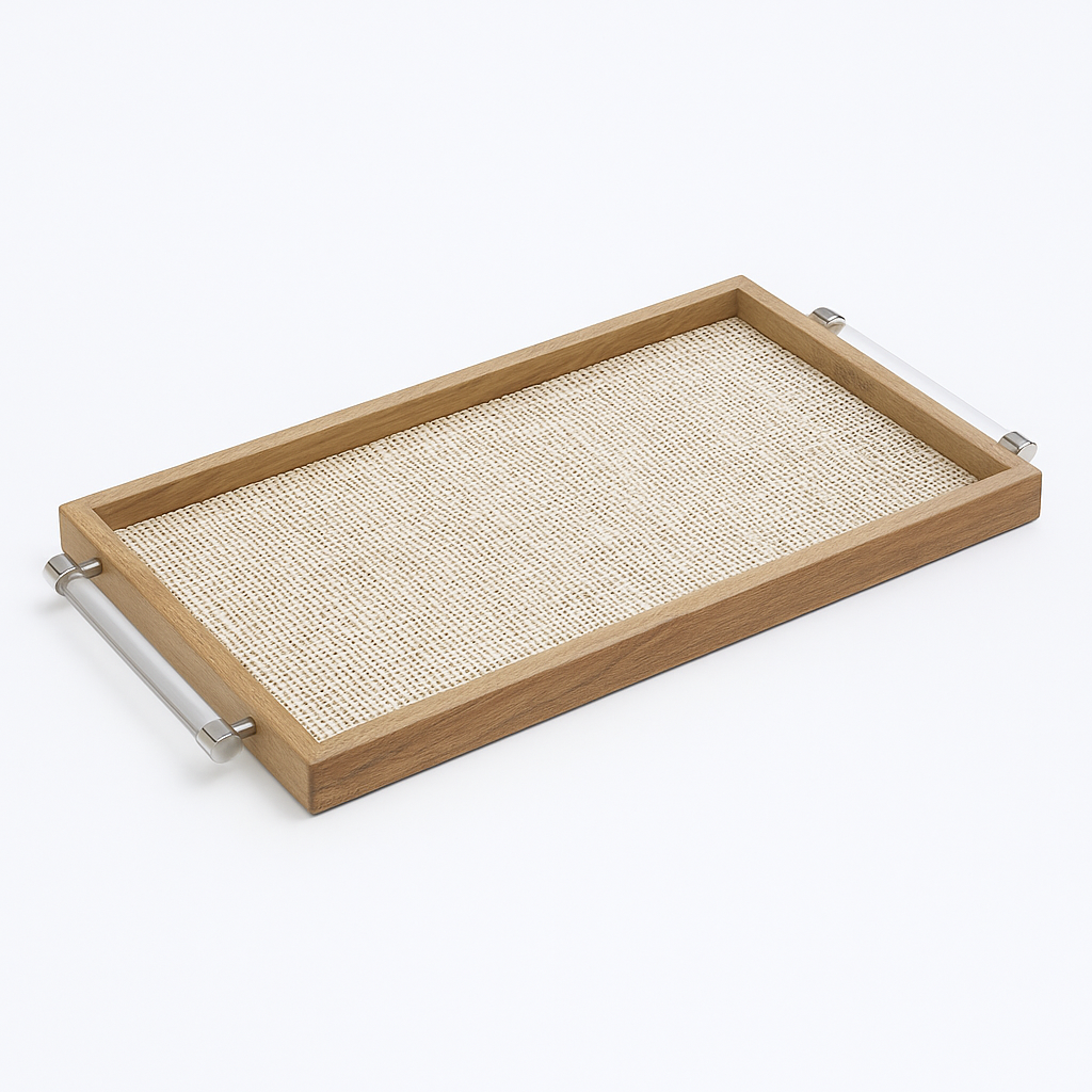 Pruitt Rattan Tray in natural mango wood, 22-inch rectangular serving tray