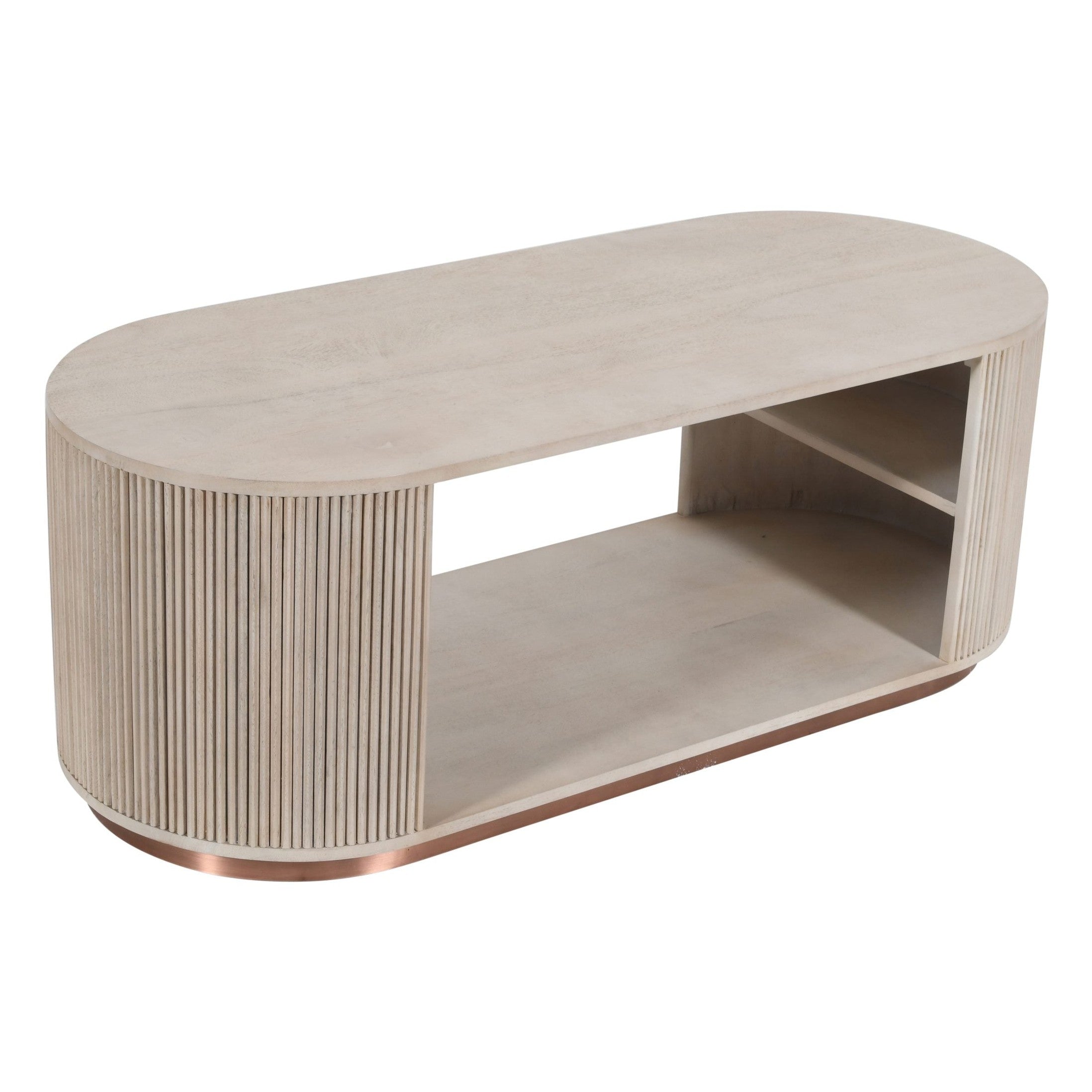 RIDGE COFFEE TABLE with whitewashed wood, copper trim, and sculptural curves by GO HOME