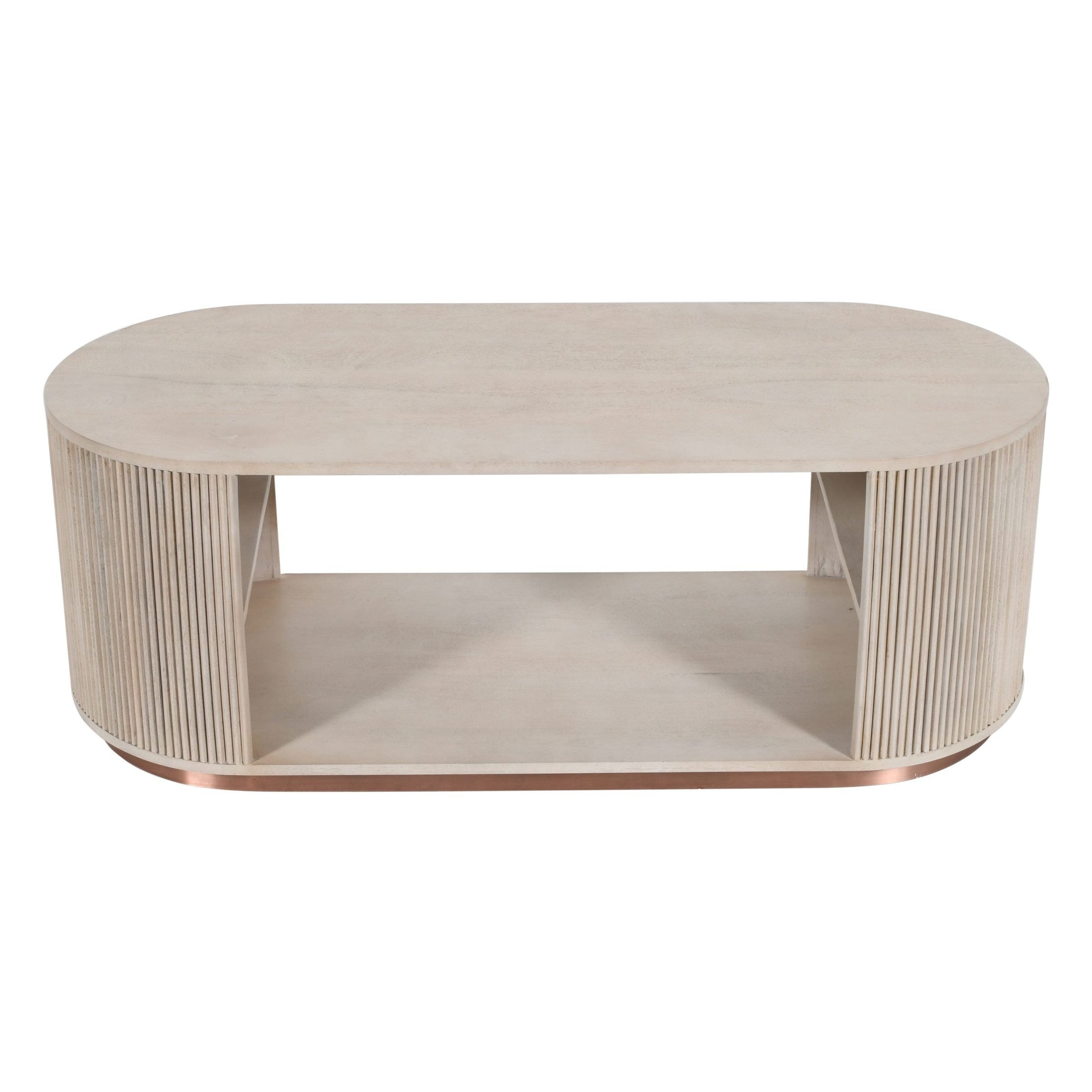 RIDGE COFFEE TABLE with whitewashed wood, copper trim, curved edges, and maple details by GO HOME.