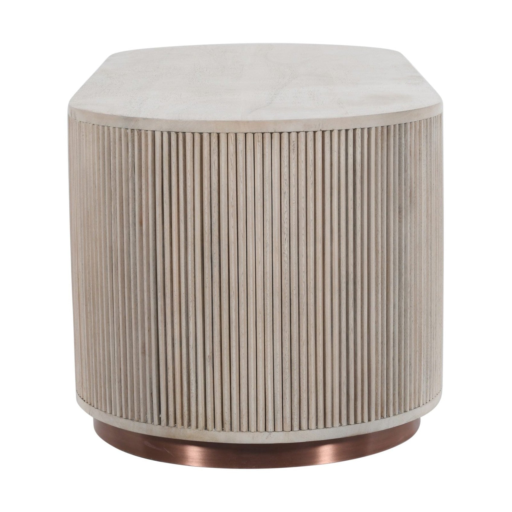 RIDGE COFFEE TABLE with whitewashed wood and copper trim featuring curved edges by GO HOME