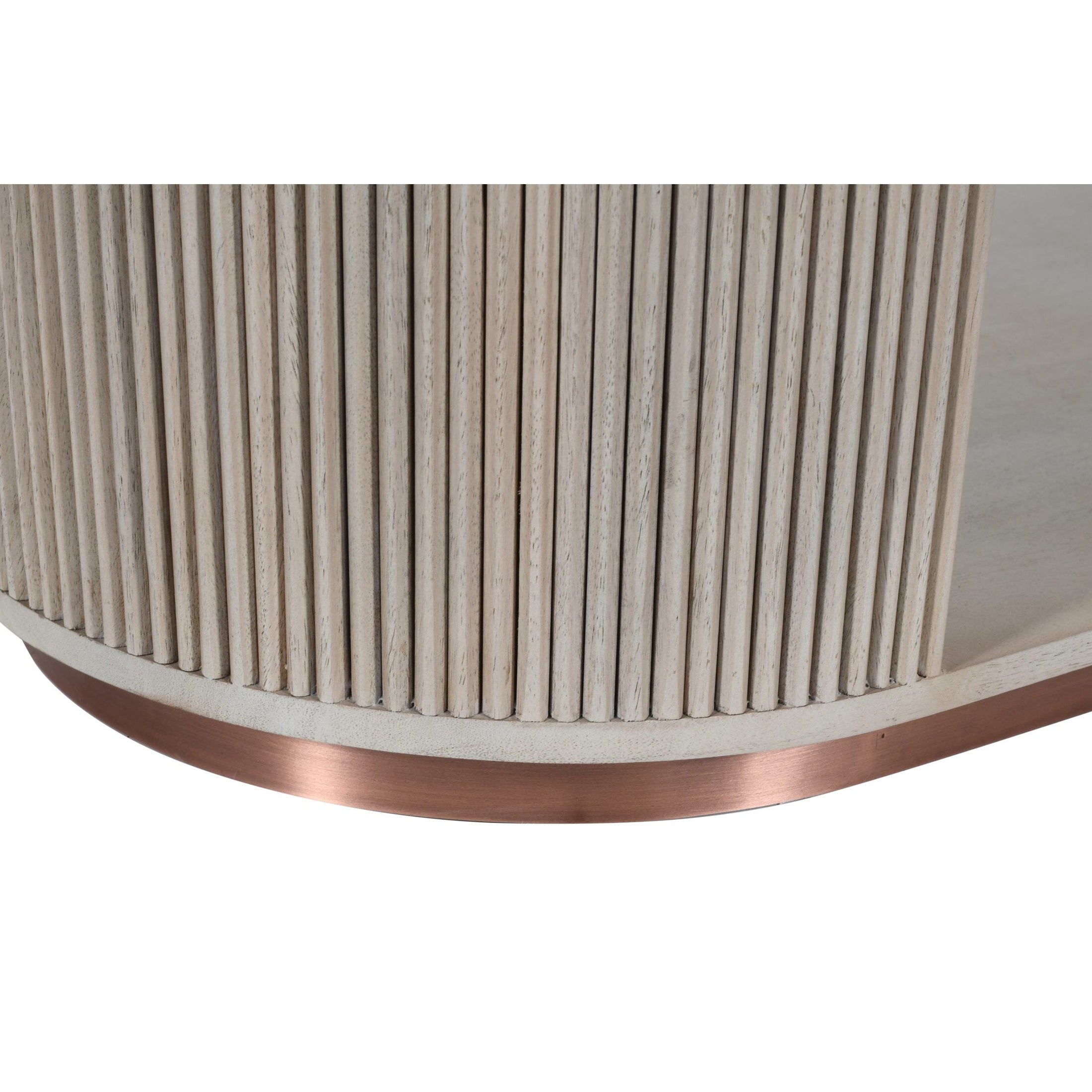 Close-up of whitewashed wood coffee table edge with copper trim detail, Ridge Coffee Table by GO HOME.