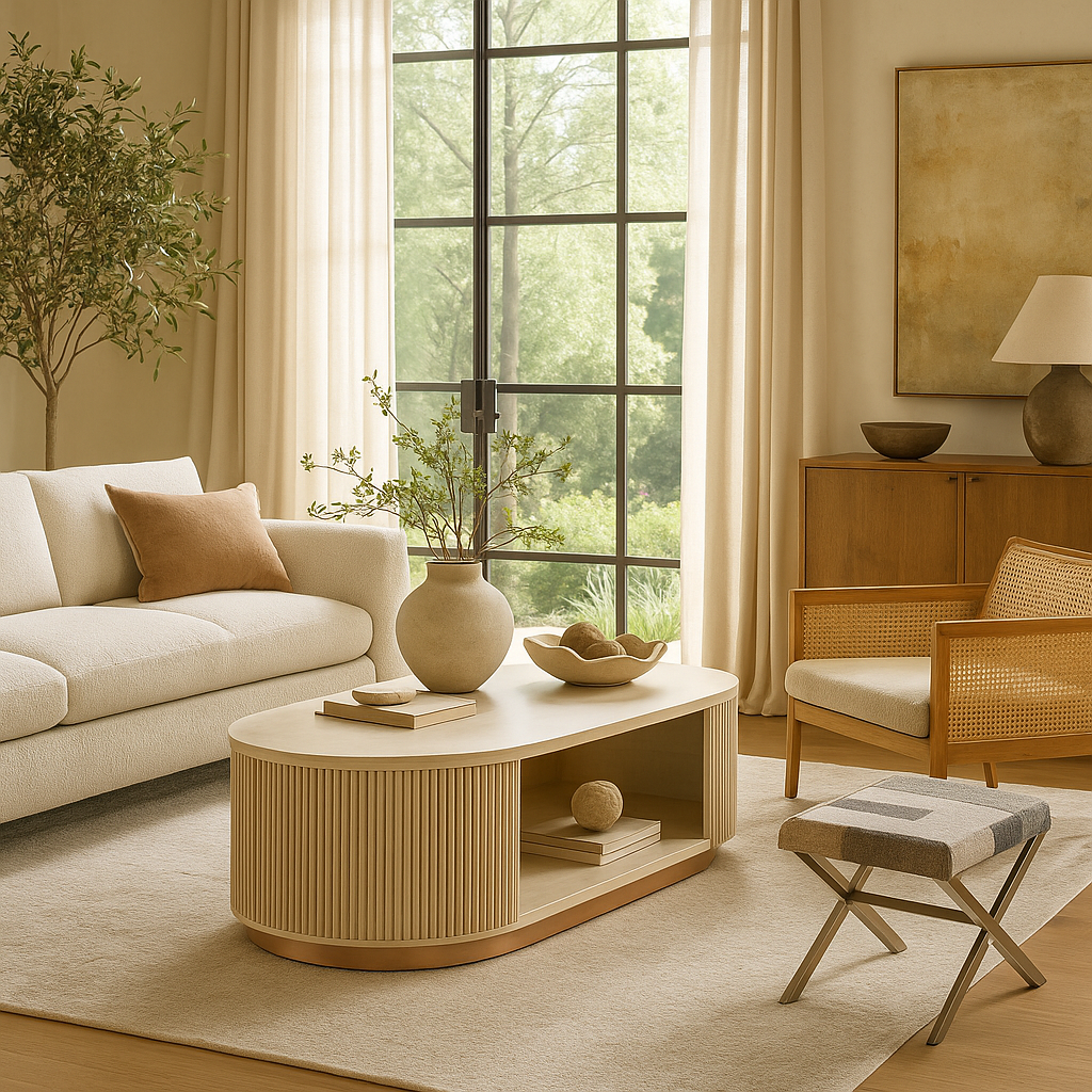 RIDGE COFFEE TABLE with whitewashed wood and copper trim in a cozy living room setting by GO HOME