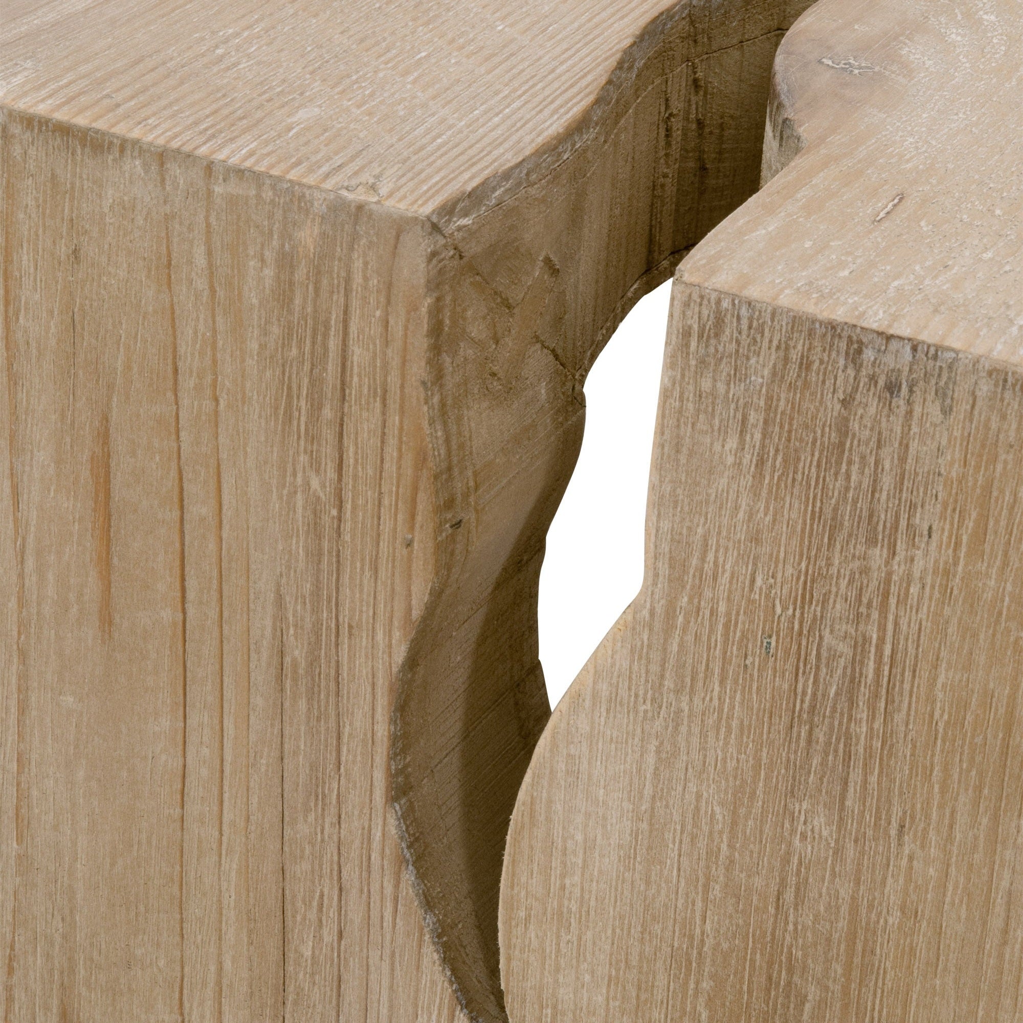 Close-up of the rustic faux split hole detail on the Reed Coffee Table by Essentials For Living.