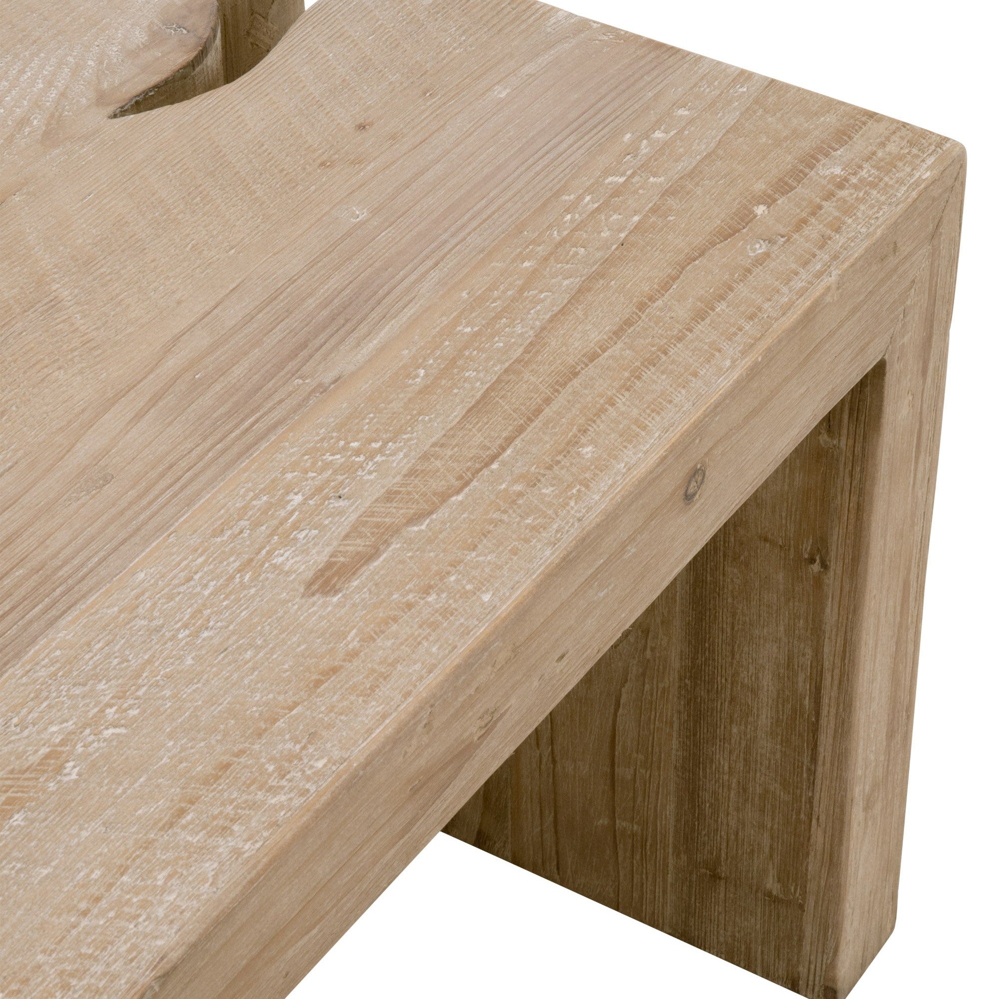 Close-up of reclaimed wood detail on Reed Coffee Table in smoke gray finish by Essentials For Living