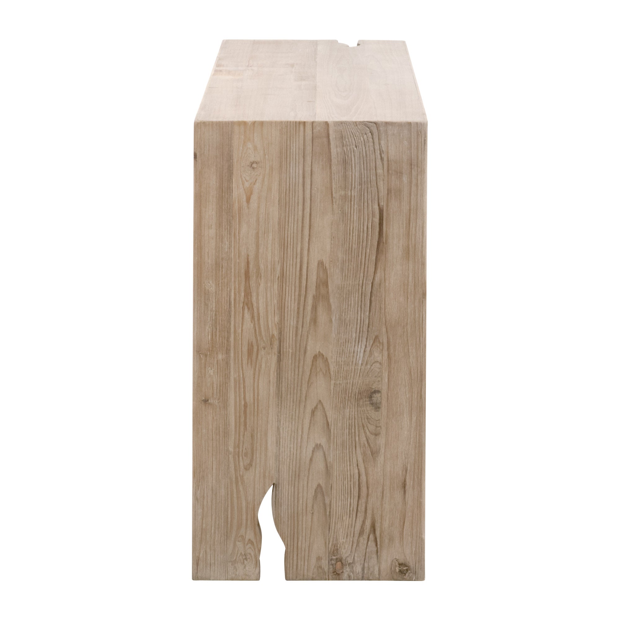 Side view of the Reed Console Table in reclaimed pine with faux split holes by Essentials for Living