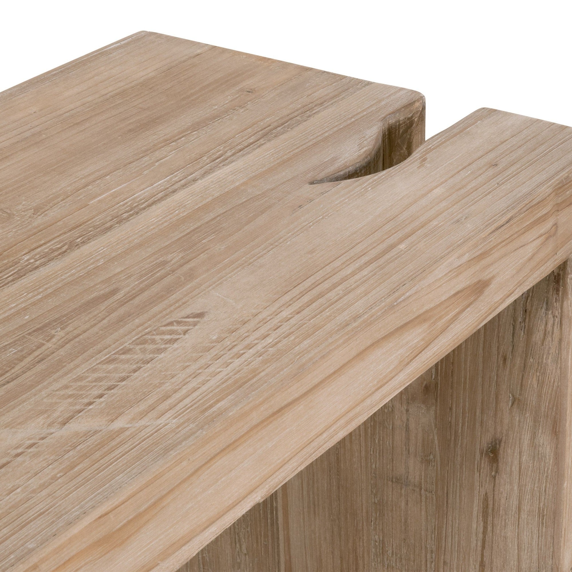 Close-up of smoke gray reclaimed pine wood surface with artisan faux split hole on Reed Console Table by Essentials for Living