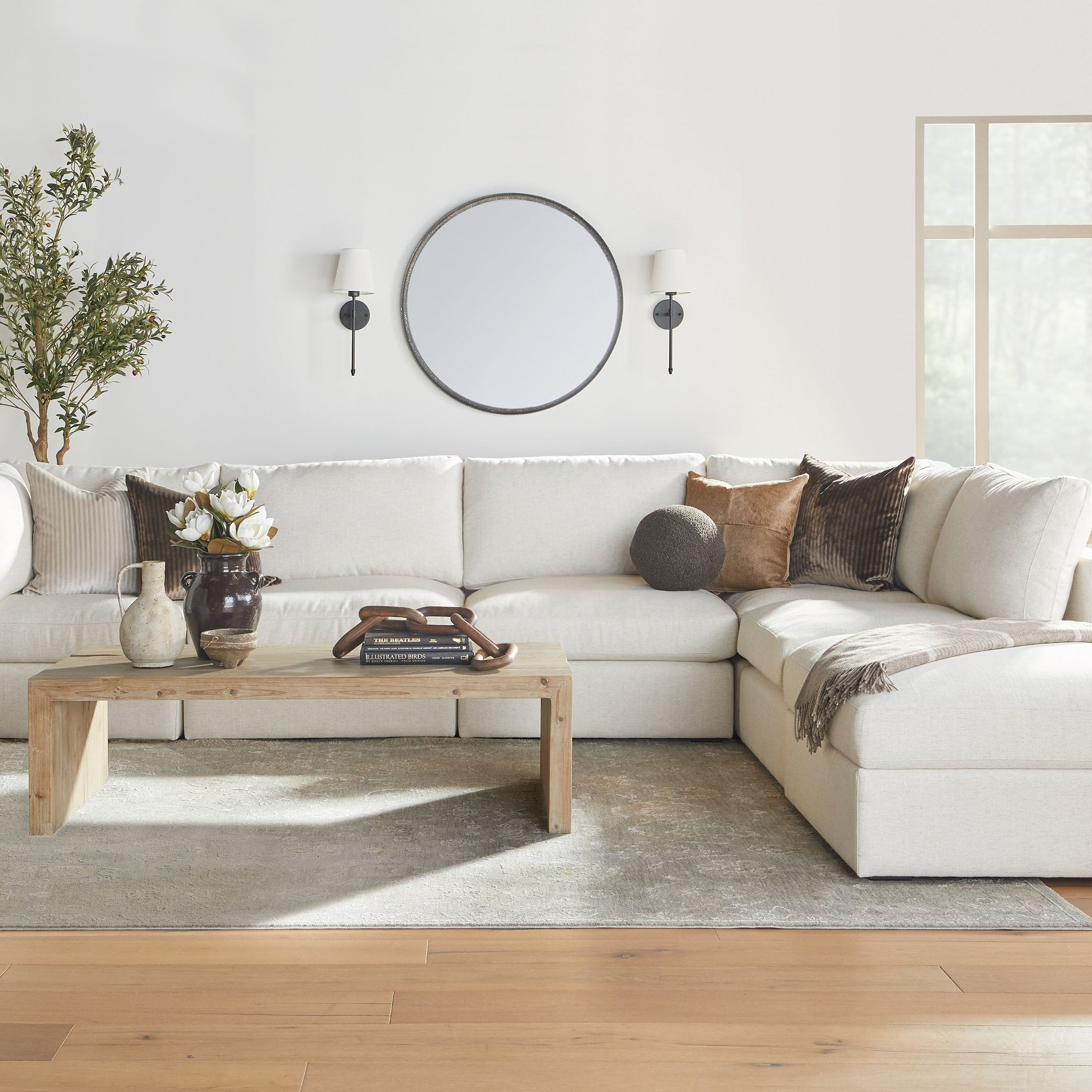 Reed End Table in smoke gray reclaimed pine with rustic design in a modern living room by Essentials for Living