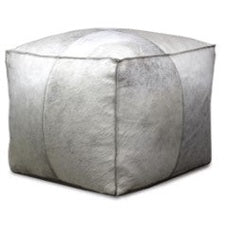 Grey hair-on-hide cube pouf with leather accents, multifunctional seat and footrest, Rio Hide Pouf 18" by GO HOME