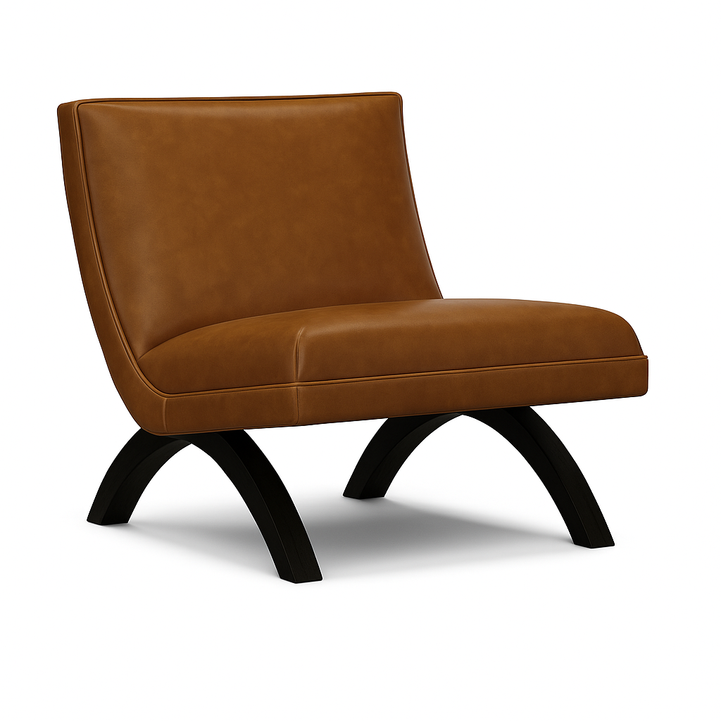 Rofous Chair in brown leather with curved black teakwood legs, modern and compact design by GO HOME.