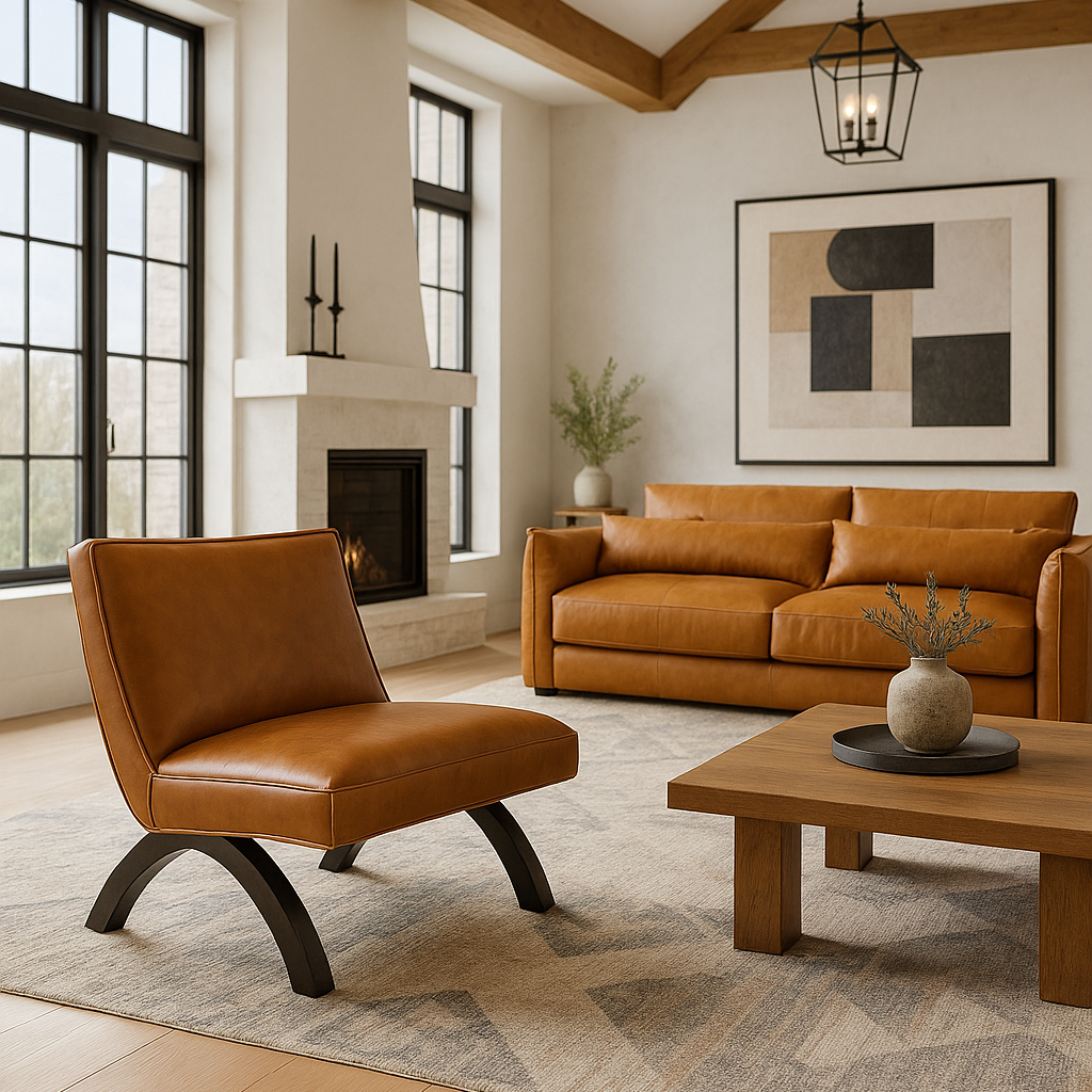 Rofous Chair with curved back and teakwood legs in modern living room setting by GO HOME