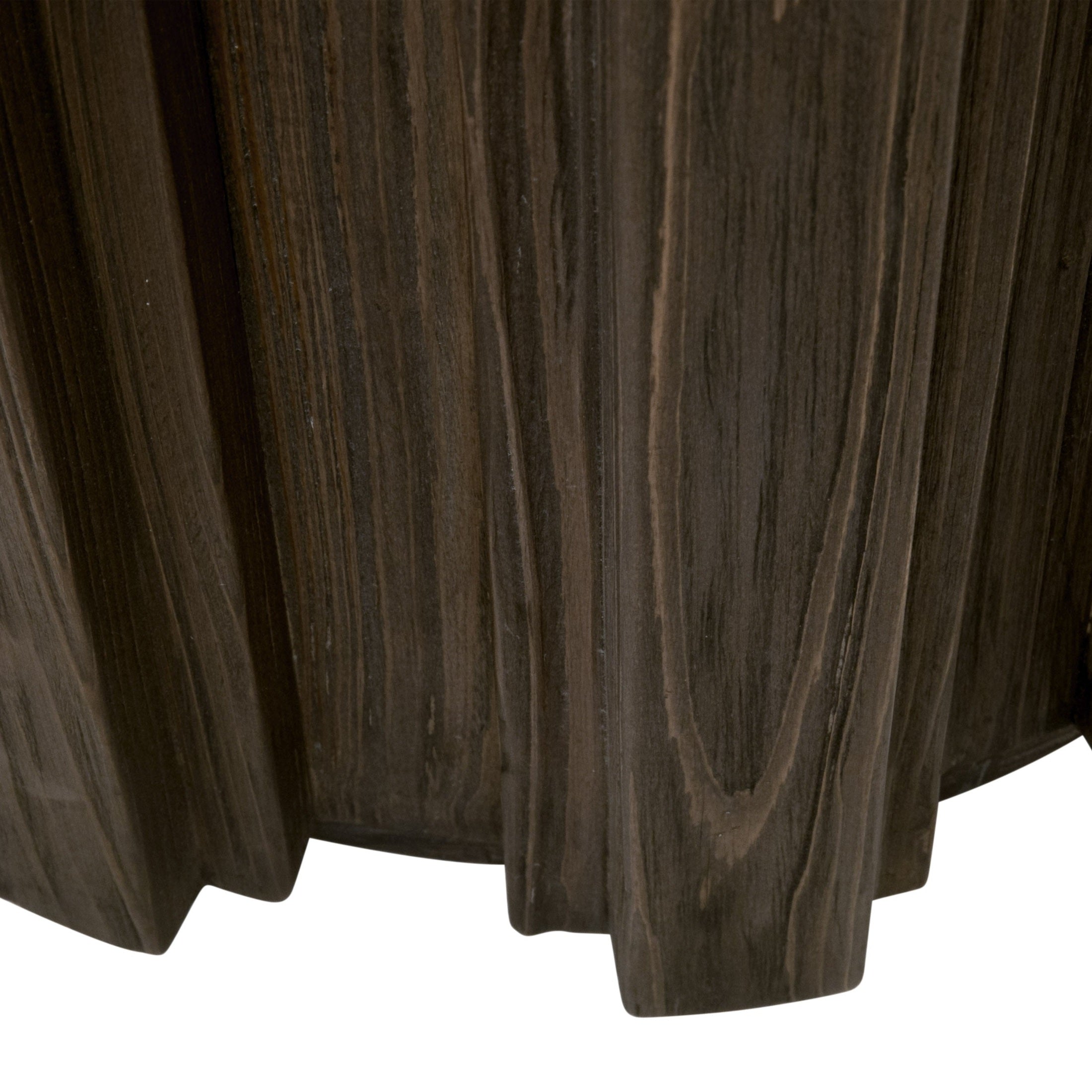 Close-up of drift brown reclaimed pine wood with fluted detailing on the Roma Accent Table by Essentials For Living