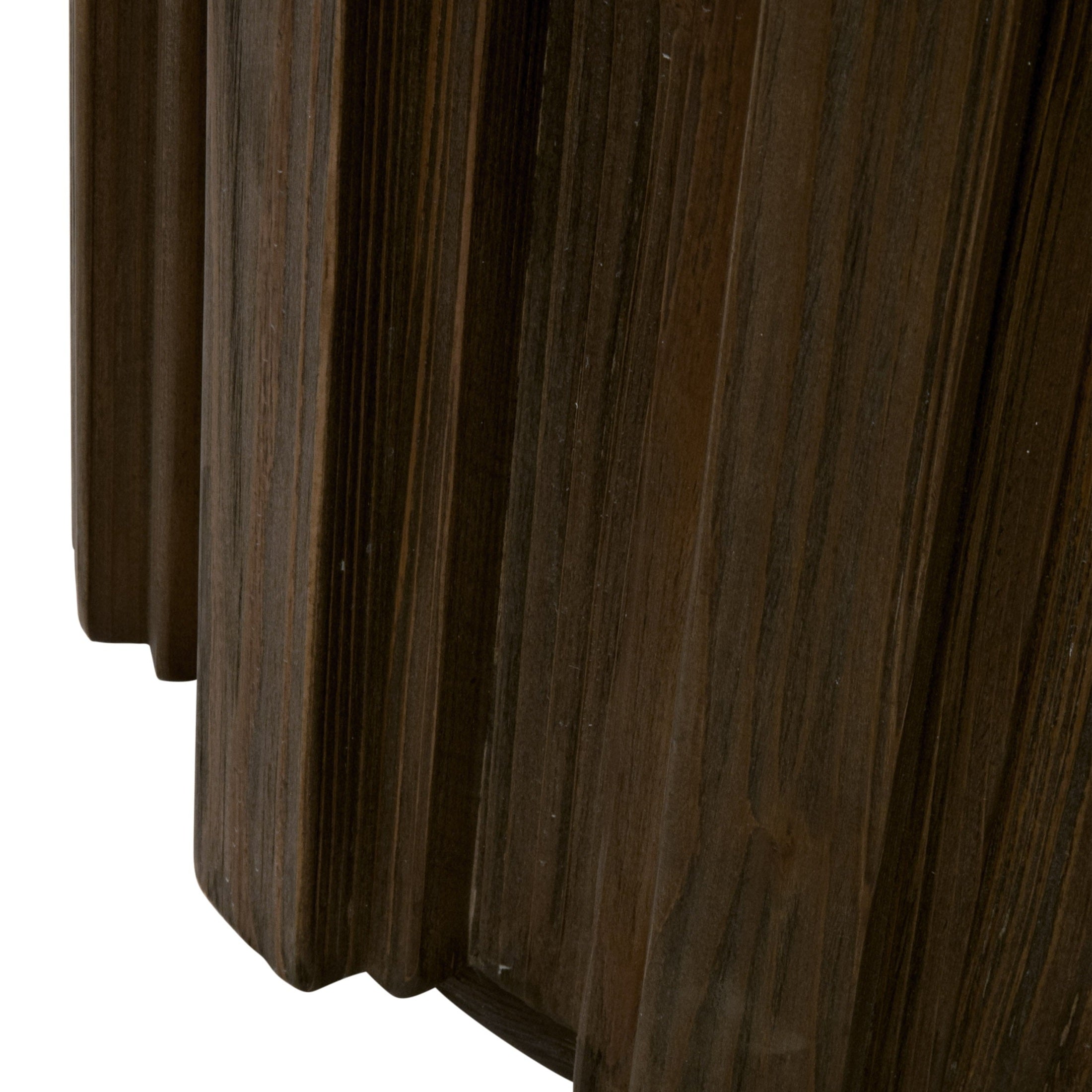 Close-up of drift brown fluted wood detailing on the pedestal base of the Roma Accent Table by Essentials For Living