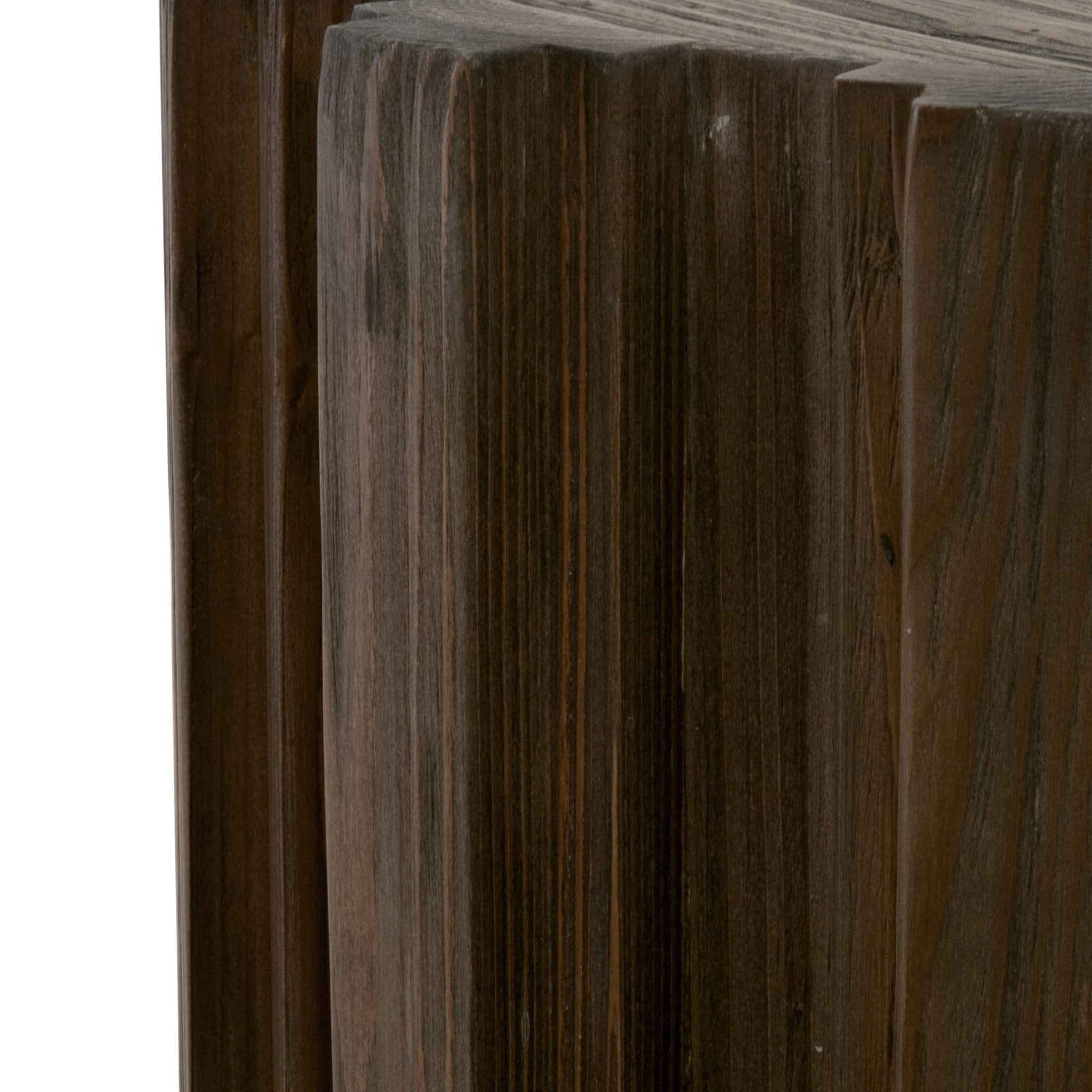 Close-up of the fluted organic wood grain detailing on the drift brown Roma Accent Table by Essentials for Living