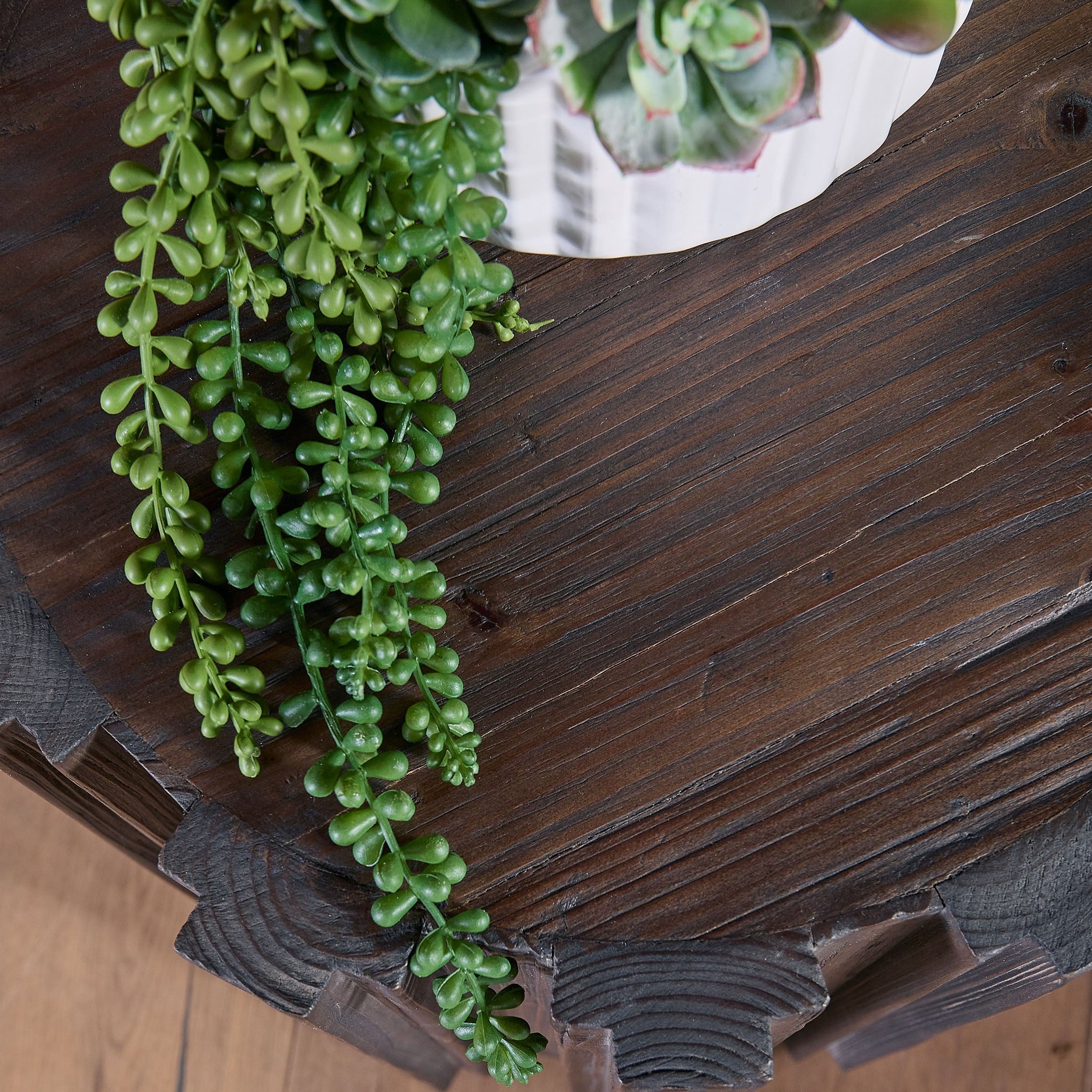Close-up of Essentials For Living Roma Accent Table’s reclaimed pine top with drift brown finish and green succulents decor
