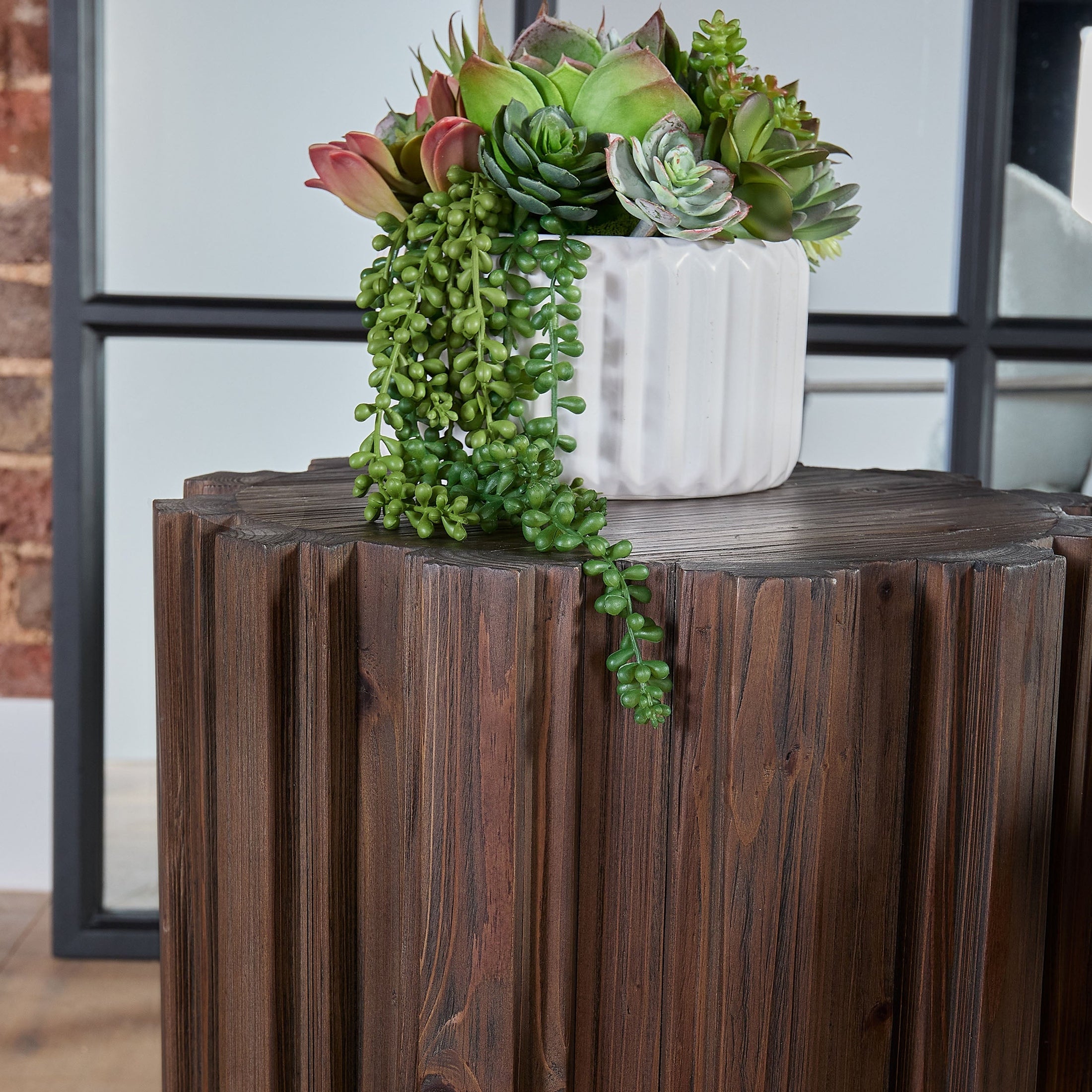 Roma Accent Table by Essentials For Living, reclaimed pine with drift brown finish and fluted pedestal base