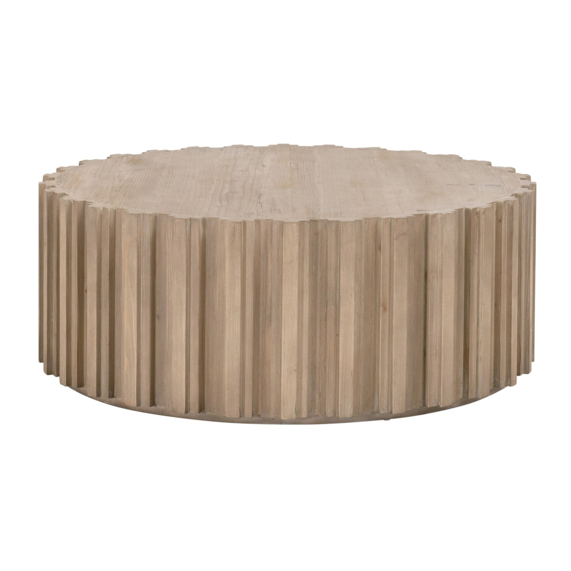 Round Roma Coffee Table by Essentials for Living with whitewashed reclaimed pine and decorative wood fluting