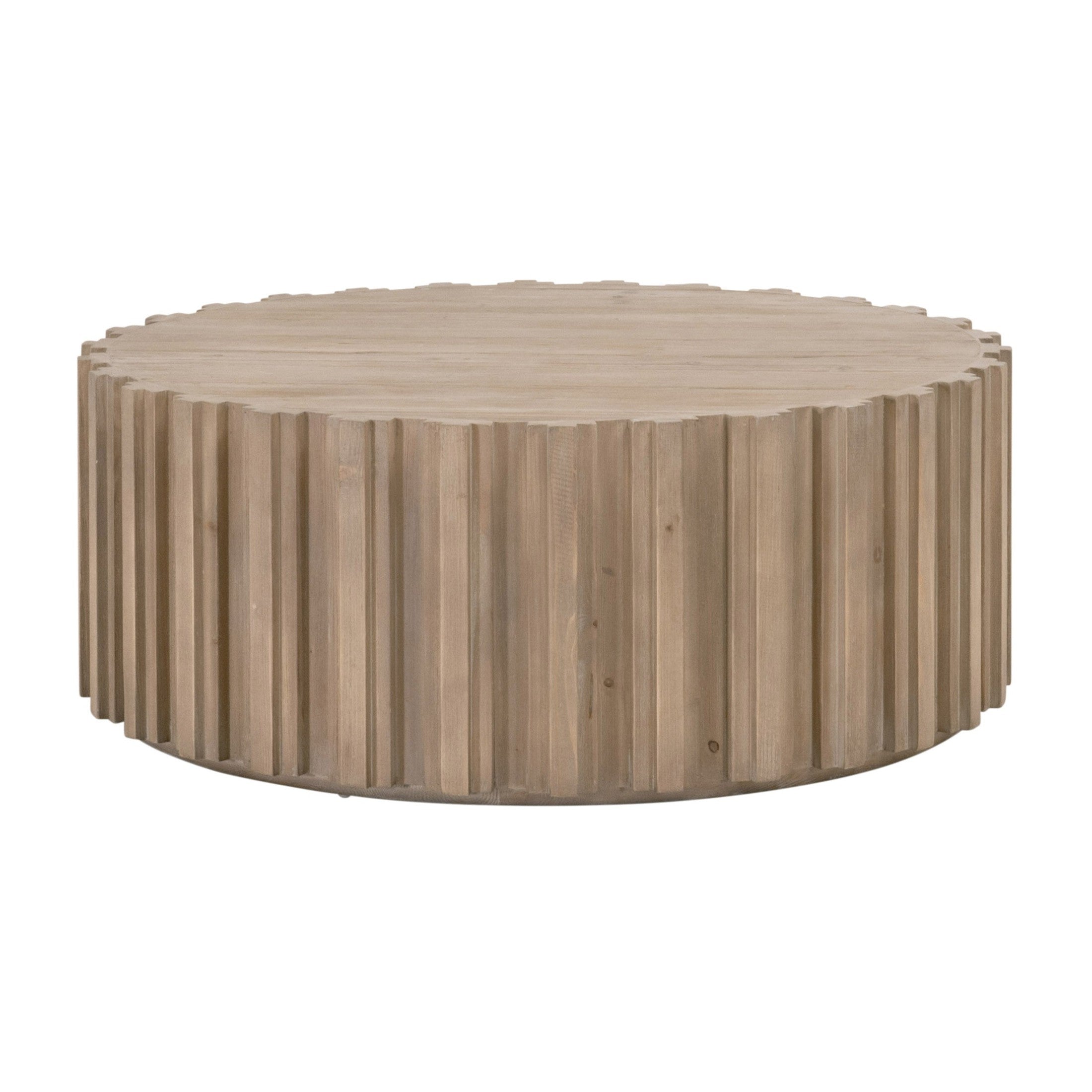 Round Roma Coffee Table by Essentials for Living with wood fluting and natural reclaimed pine finish