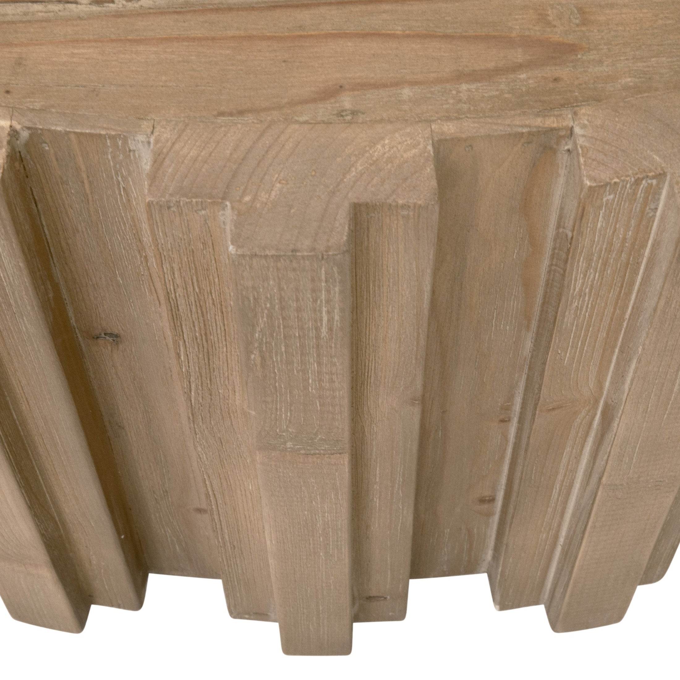Close-up of reclaimed pine wood with decorative fluting and whitewash finish on Essentials for Living Roma Coffee Table base