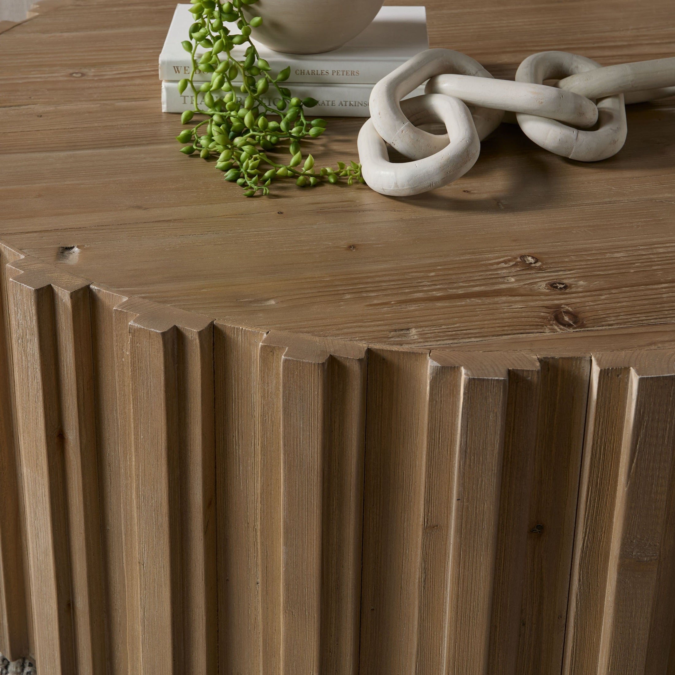 Close-up of Essentials for Living Roma Coffee Table with whitewash finish and decorative wood fluting detail