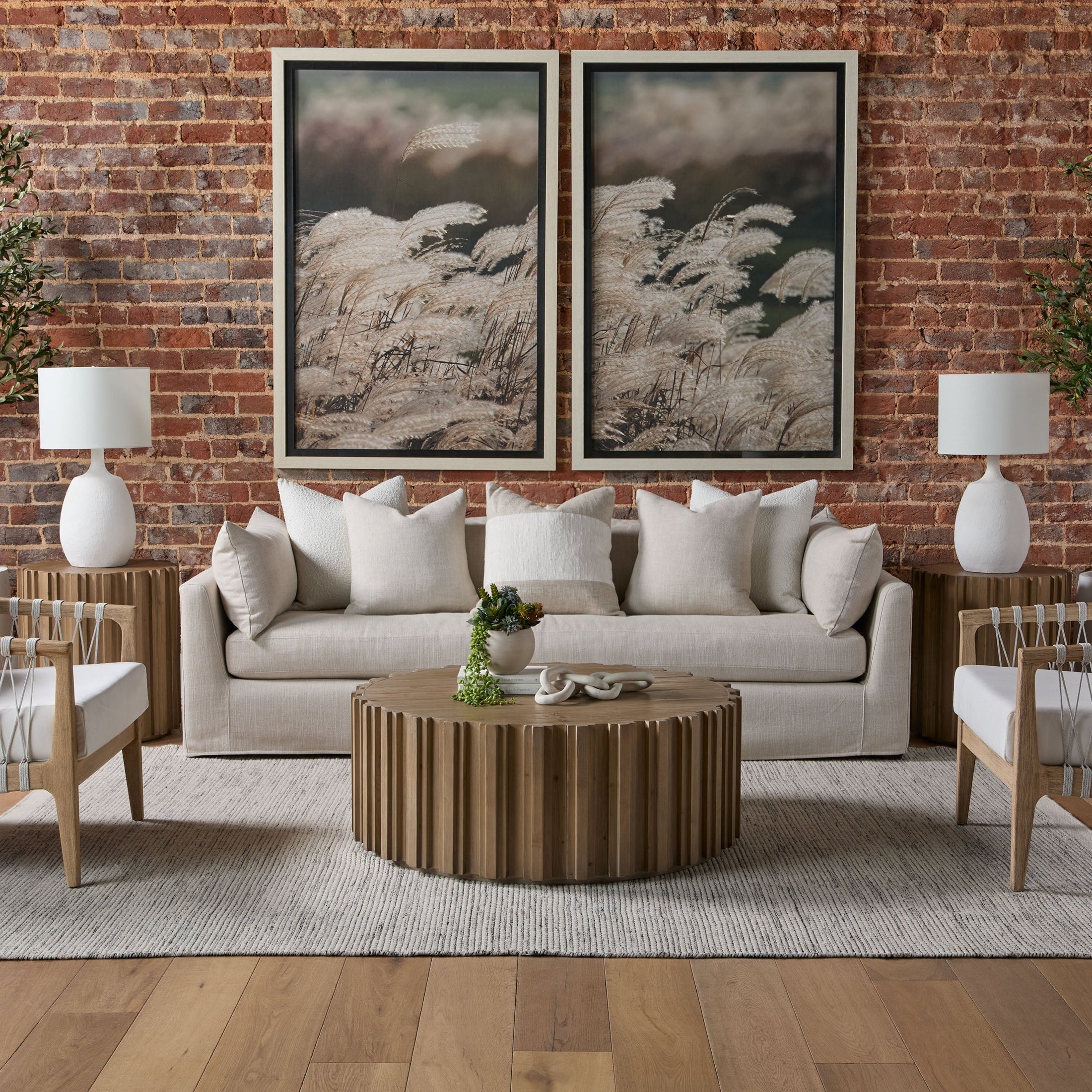 Round wooden Roma Coffee Table with decorative fluting in modern living room by Essentials For Living