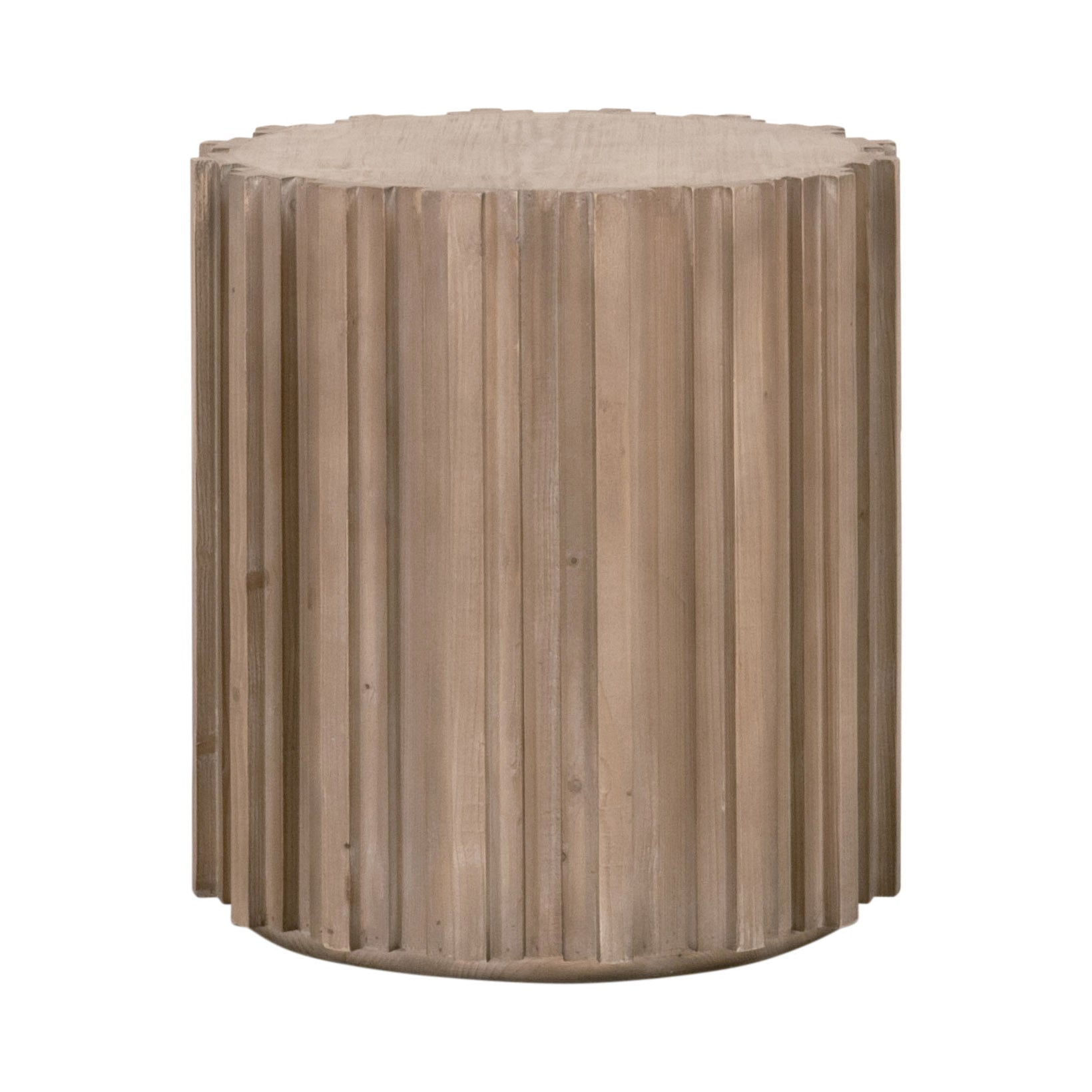 Round Roma End Table by Essentials For Living in smoke gray reclaimed pine wood with fluted sides and plinth base