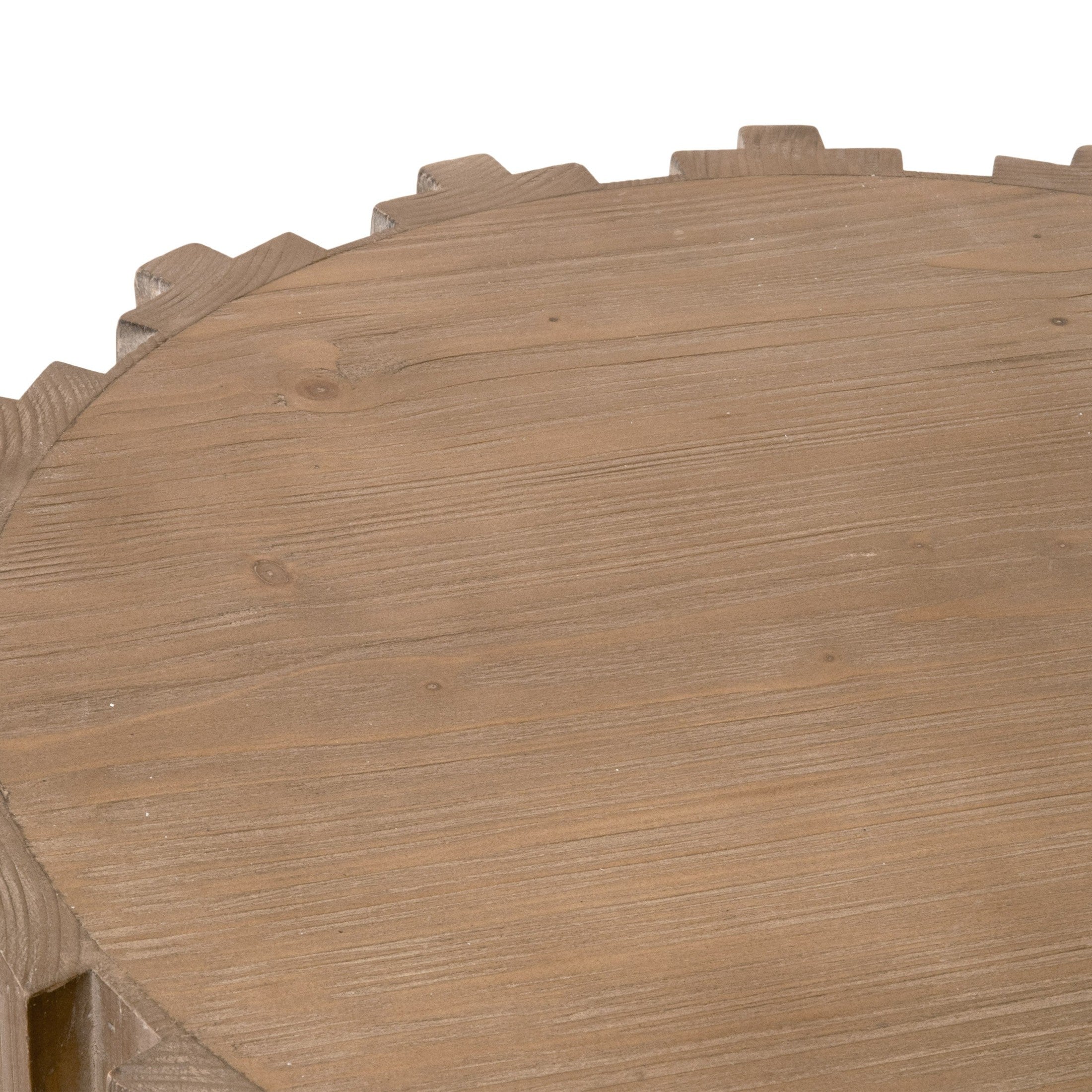 Close-up of smoke-gray reclaimed pine wood top with decorative fluting on Roma End Table by Essentials For Living