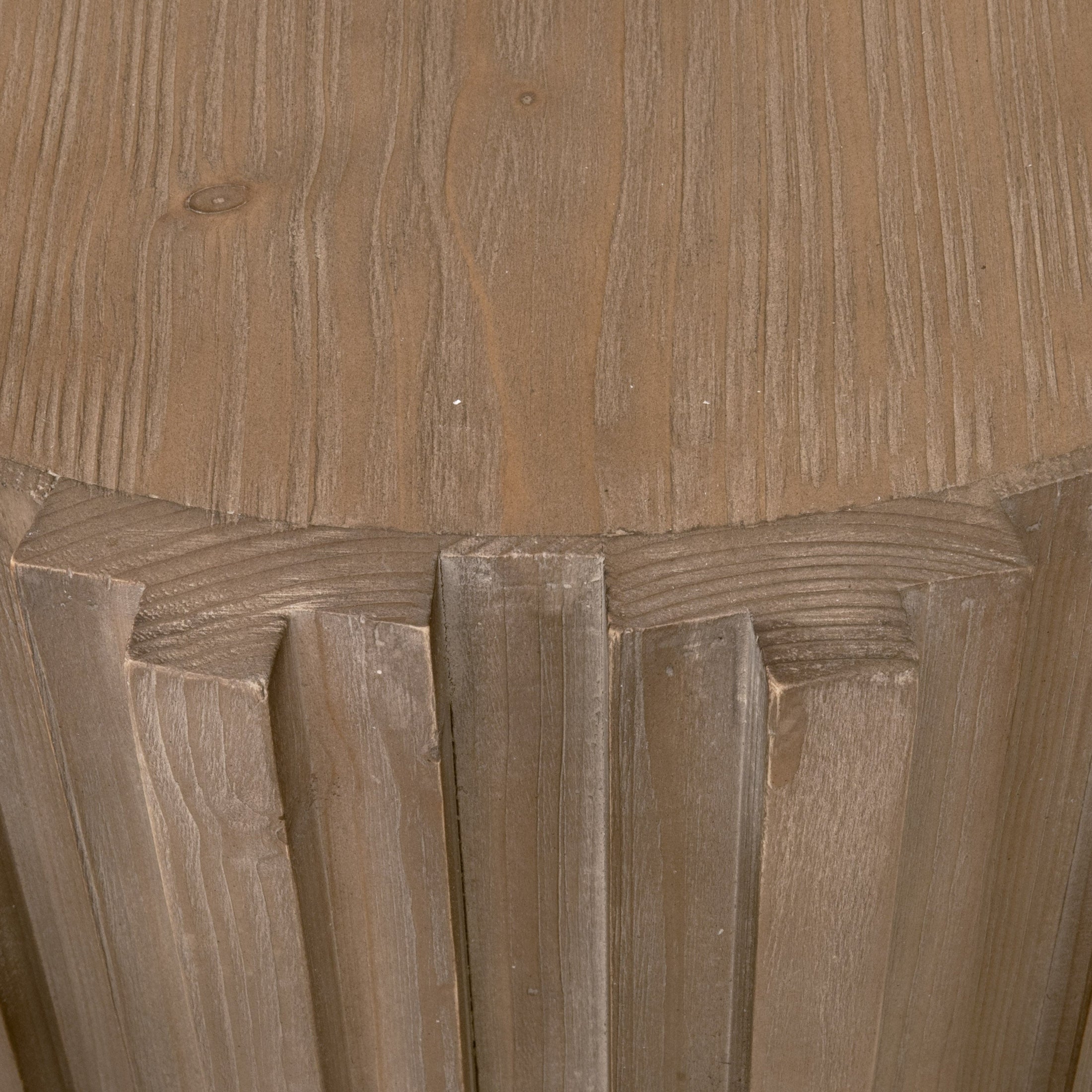 Close-up of smoke-gray reclaimed pine wood with decorative fluted detailing on Roma End Table by Essentials For Living