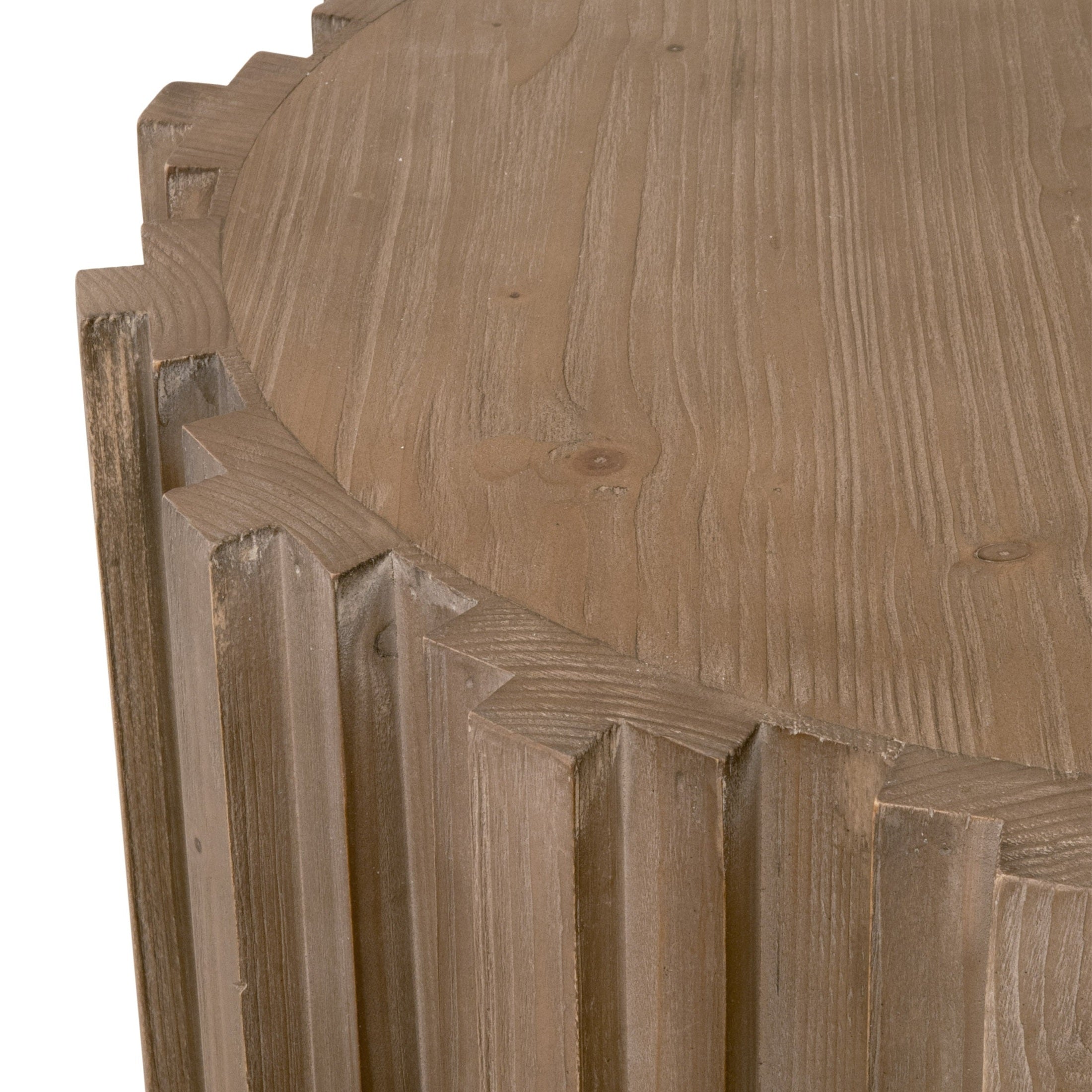 Close-up of Roma End Table’s fluted edge and natural wood grain in smoke gray finish by Essentials for Living