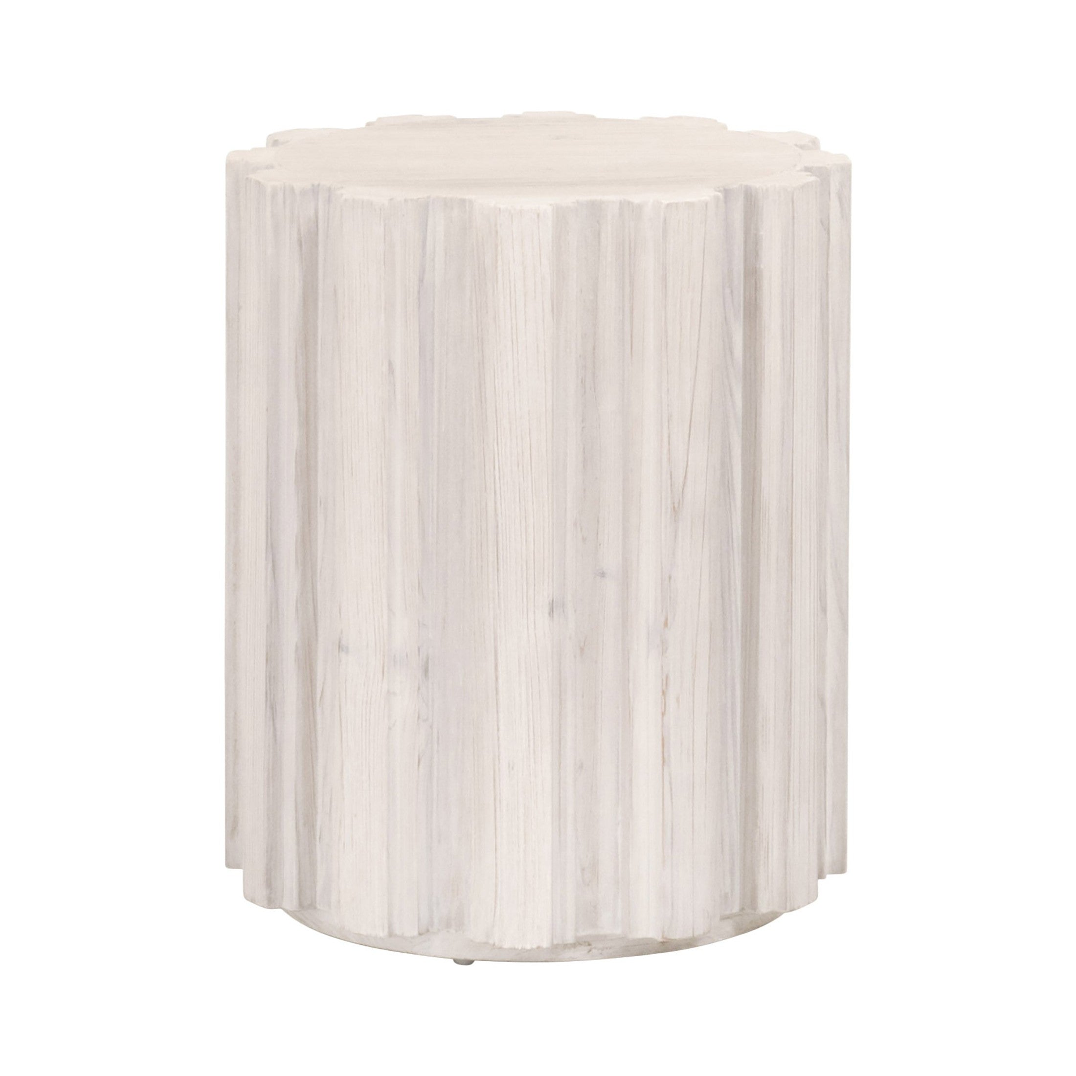 Essentials For Living Roma Accent Table with fluted pedestal, drift brown reclaimed pine, round top, and plinth base design