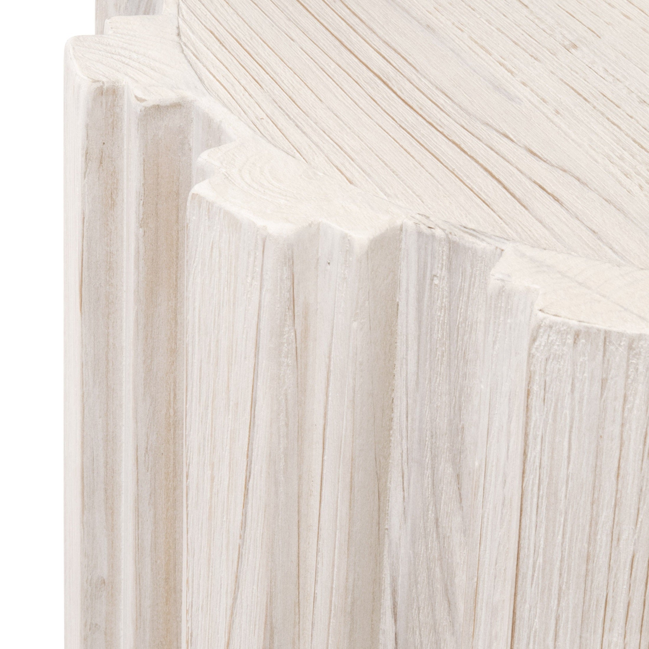 Close-up of drift brown fluted pedestal detail on Essentials For Living Roma Accent Table crafted from reclaimed pine wood