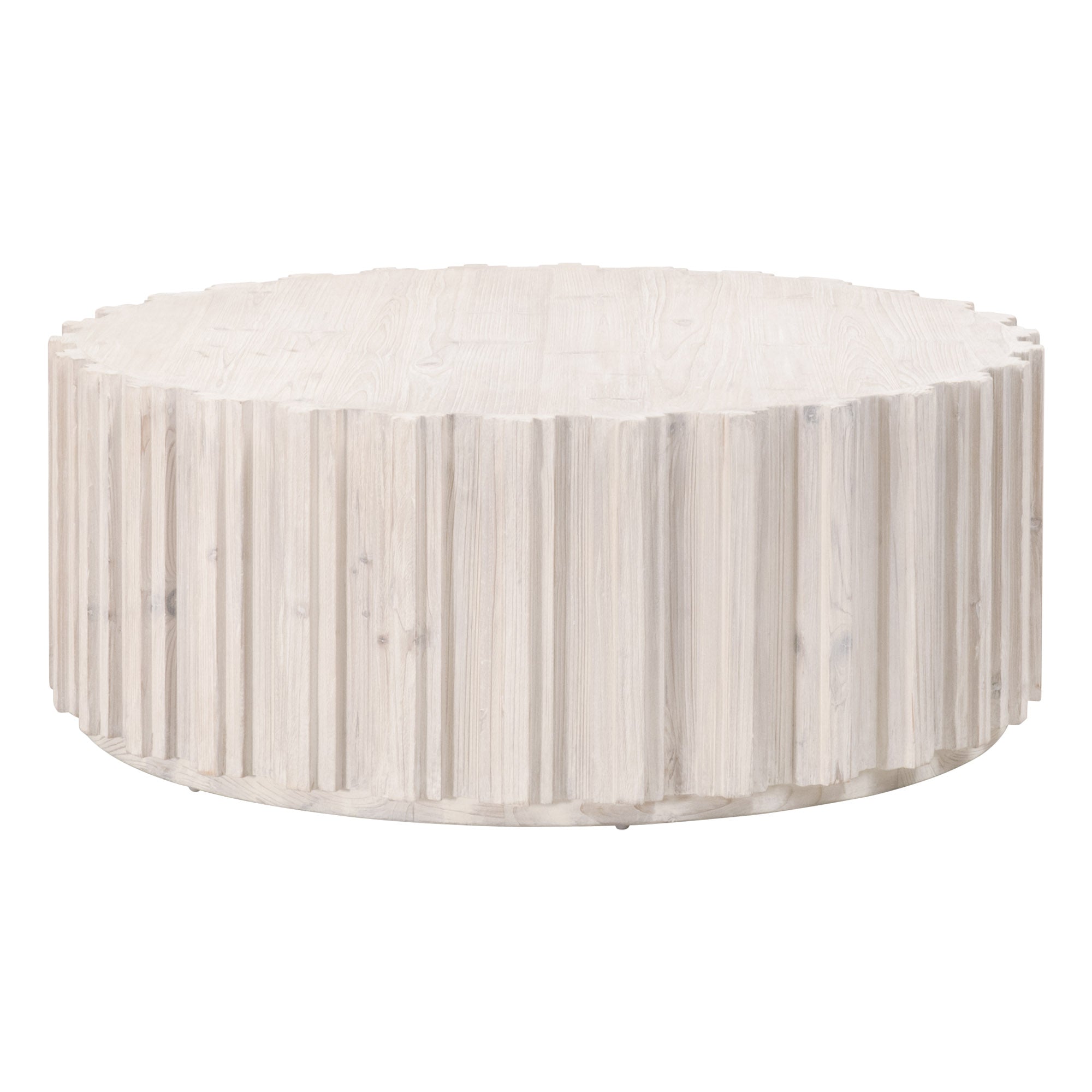 Round whitewashed wood coffee table with decorative fluted sides and plinth base by Essentials For Living