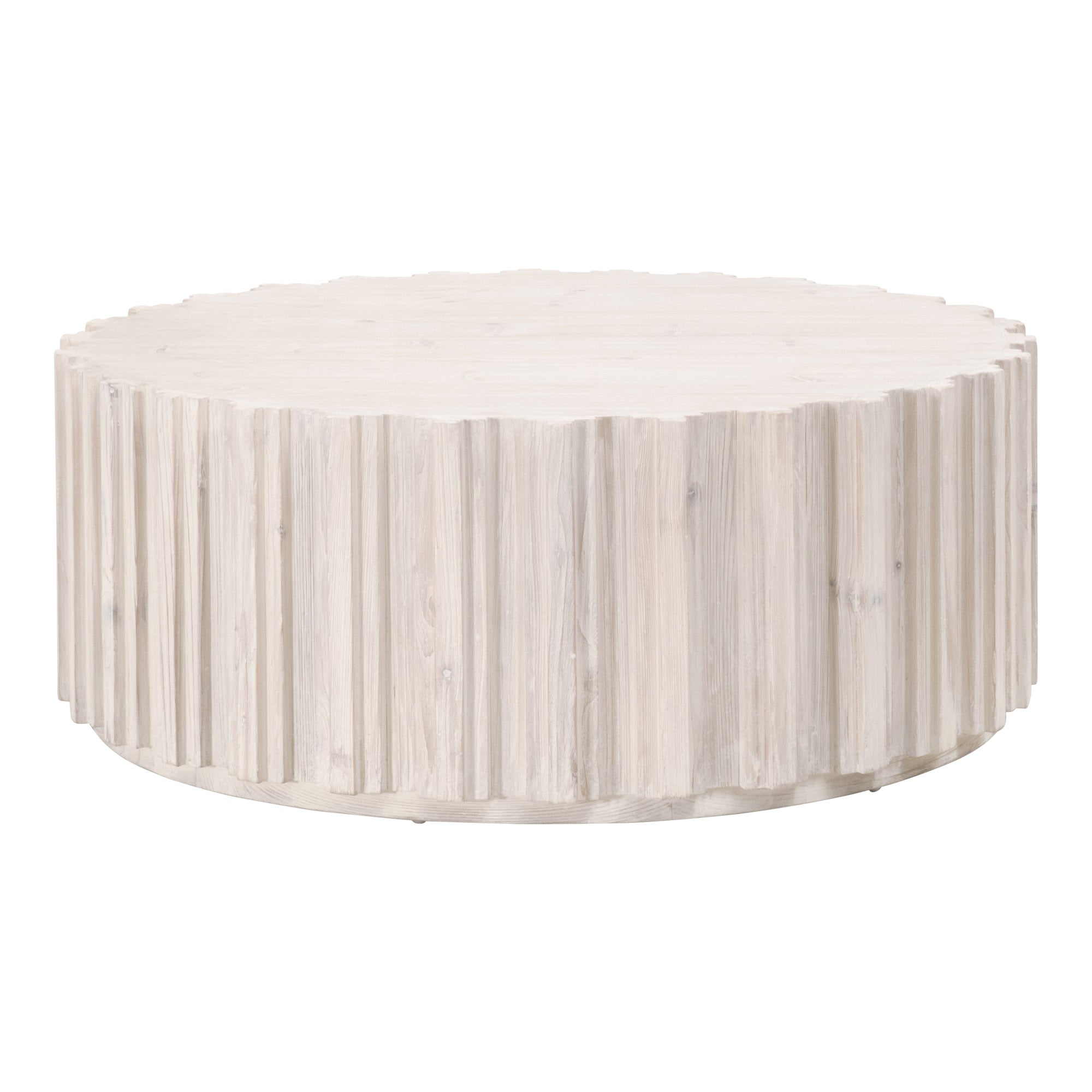 Round whitewashed reclaimed pine coffee table with fluted sides and plinth base by Essentials for Living
