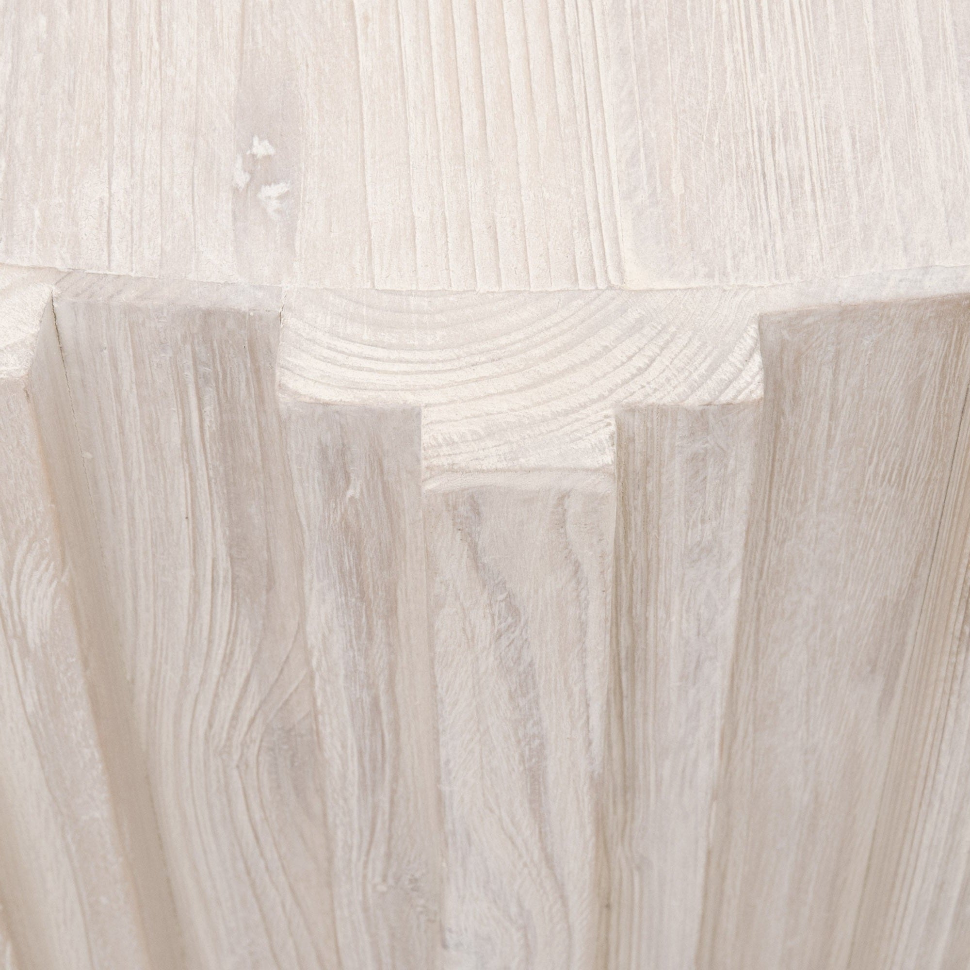 Close-up of whitewashed reclaimed pine wood with decorative fluting on the Roma Coffee Table by Essentials For Living