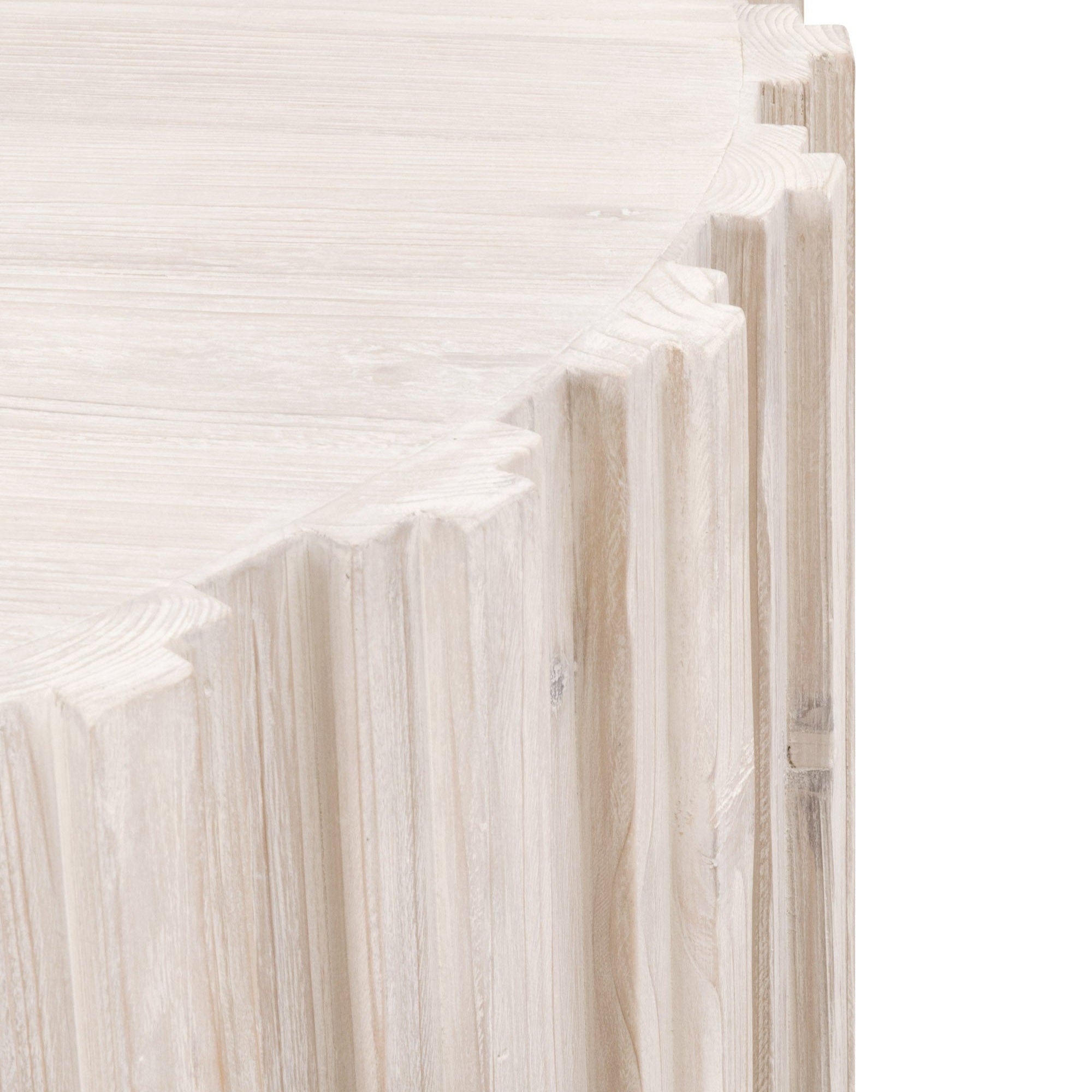 Close-up of the decorative wood fluting and whitewash finish on the Roma Coffee Table by Essentials For Living