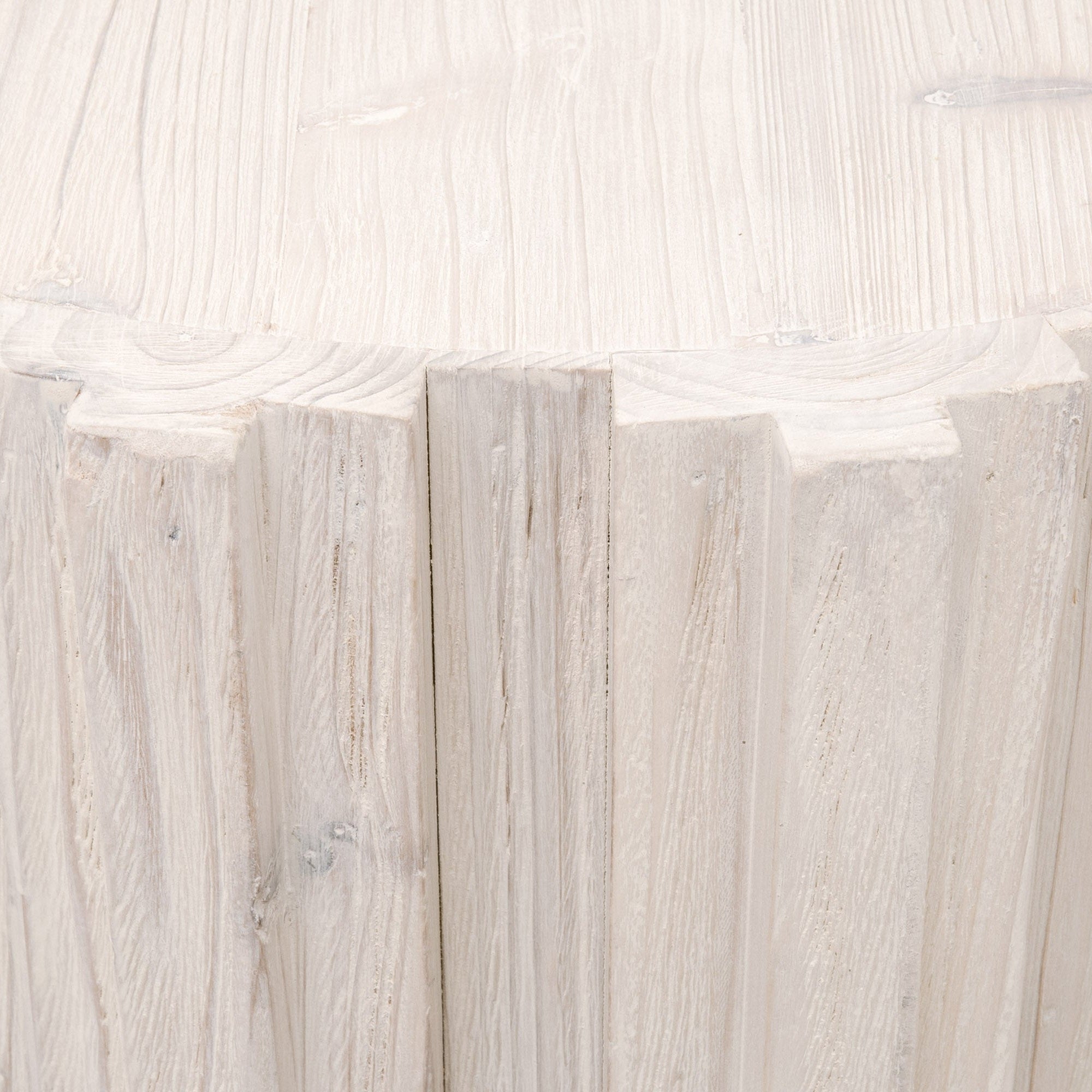 Close-up of natural wood grain and textured fluting on the smoke gray finish of Roma End Table by Essentials For Living