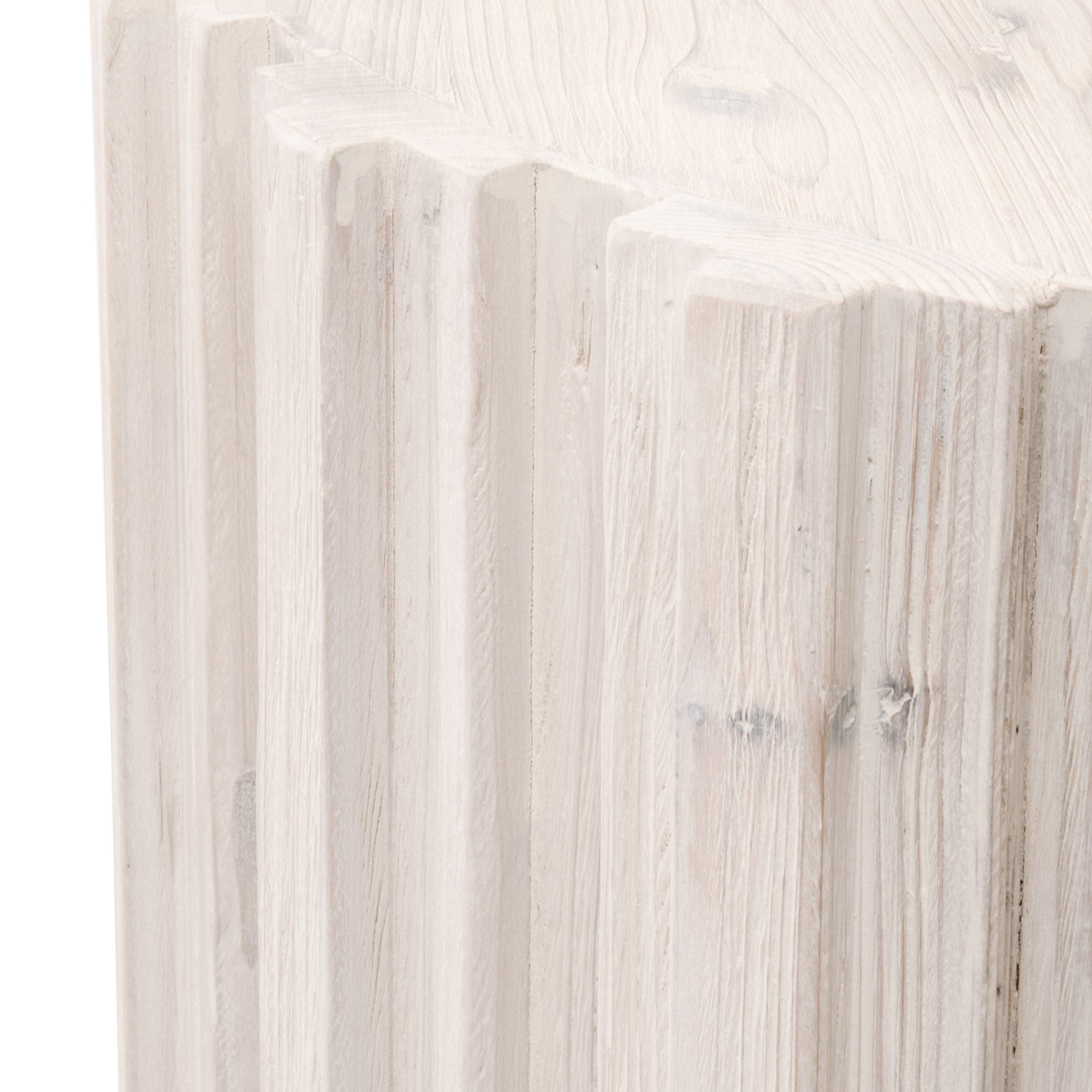 Close-up of smoke-gray reclaimed pine wood with elegant fluted detailing on the Roma End Table edge