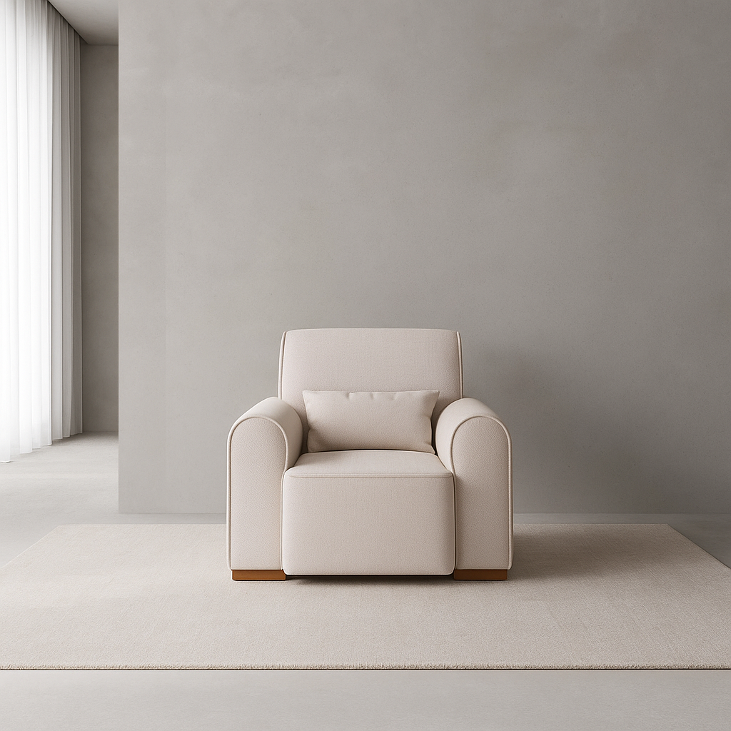 Rondo Chair with rounded silhouette and custom upholstery in neutral tones, supported by teakwood legs by GO HOME.