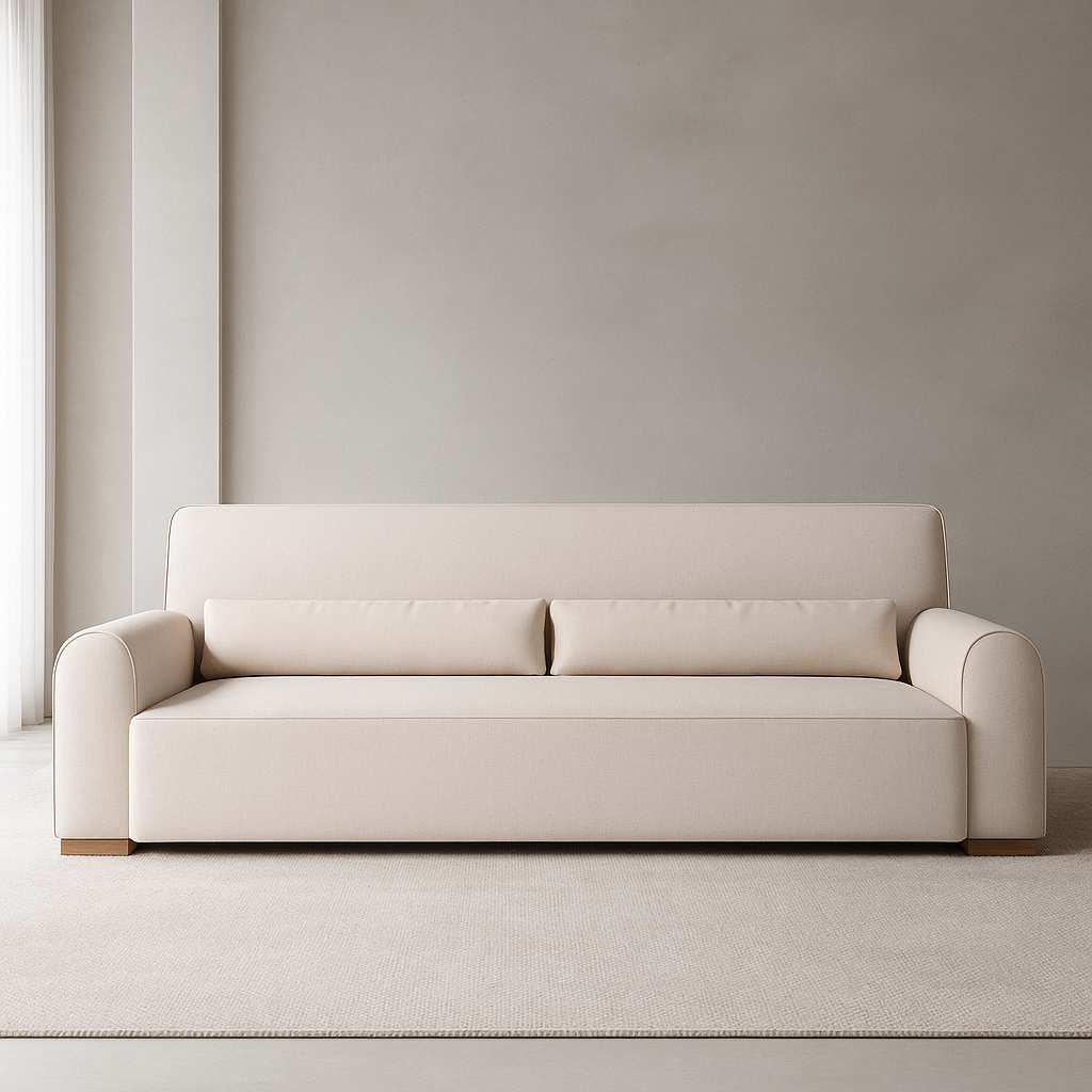 Minimalist beige Rondo Sofa with rounded silhouette and teakwood legs in a neutral living room by GO HOME