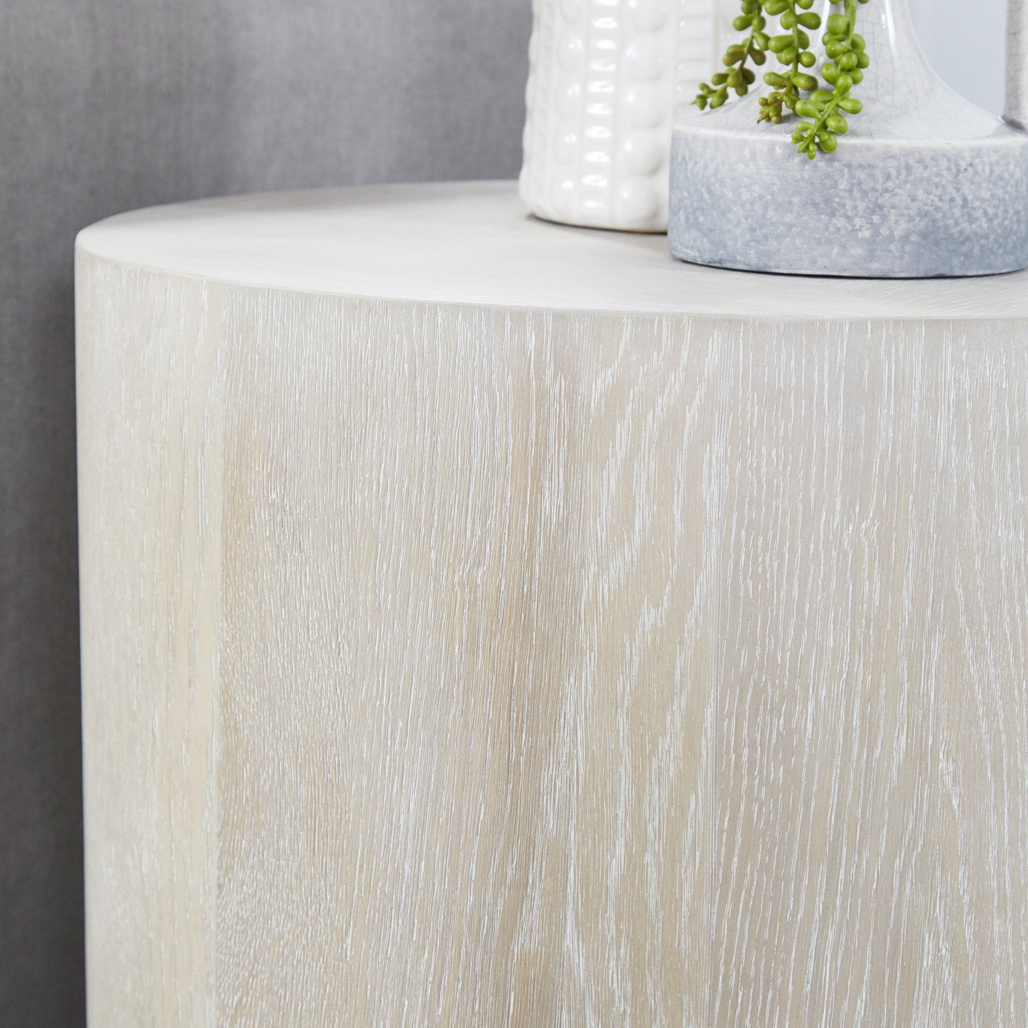 Close-up of Roto Large End Table in natural gray oak finish with visible grain texture by Essentials for Living