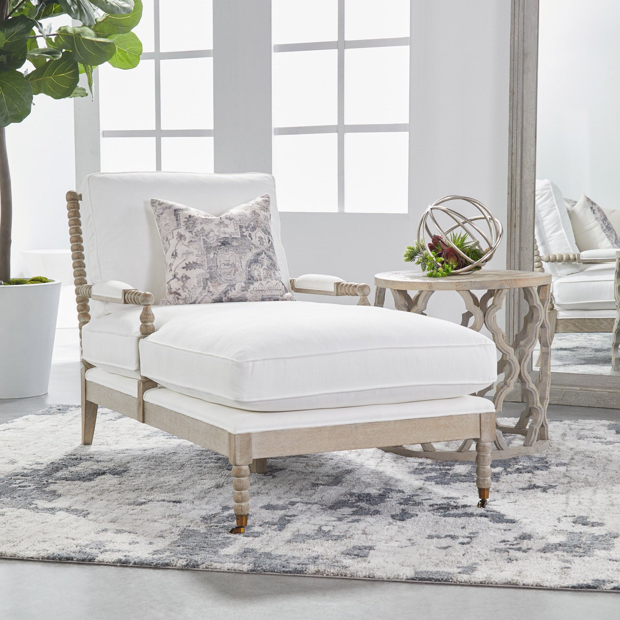 Rouleau Chaise Lounge with LiveSmart Peyton-Pearl upholstery and gray oak frame by Essentials for Living.