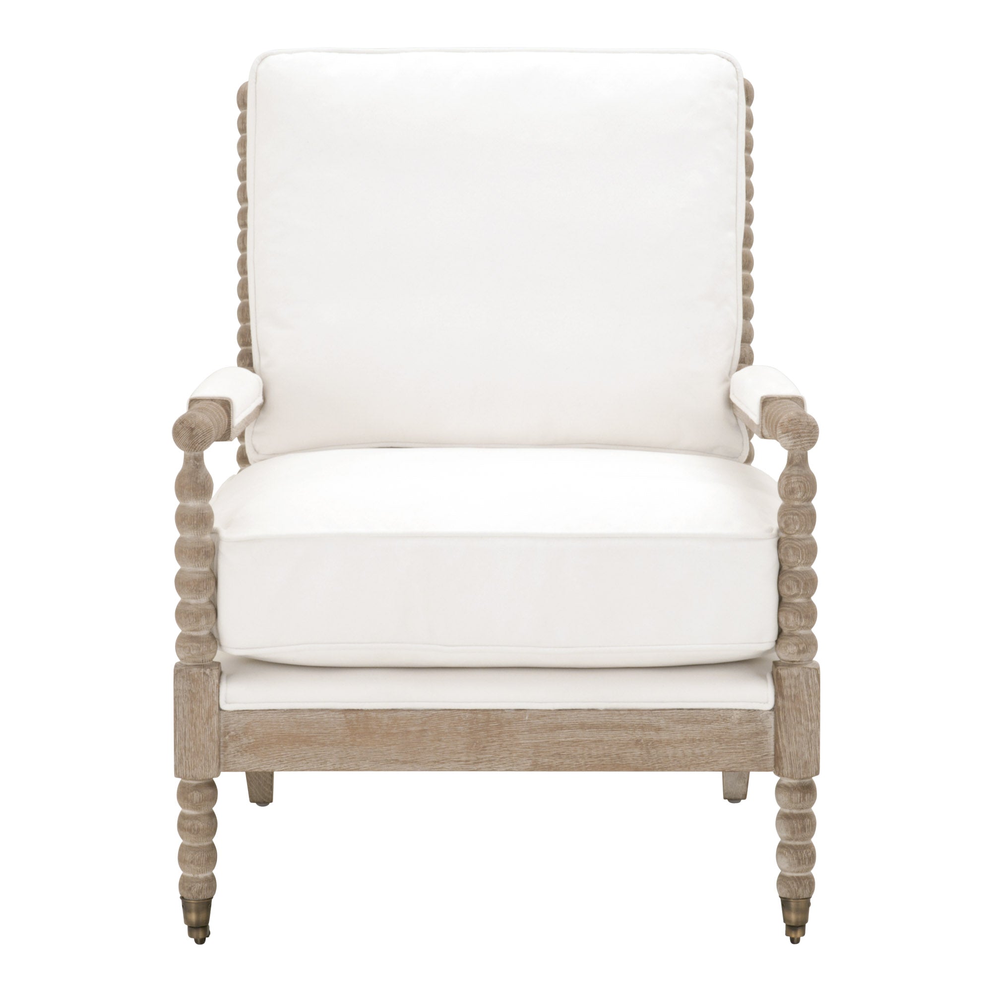 Rouleau Club Chair by Essentials for Living, white upholstered seat with carved natural gray oak frame and brass casters.