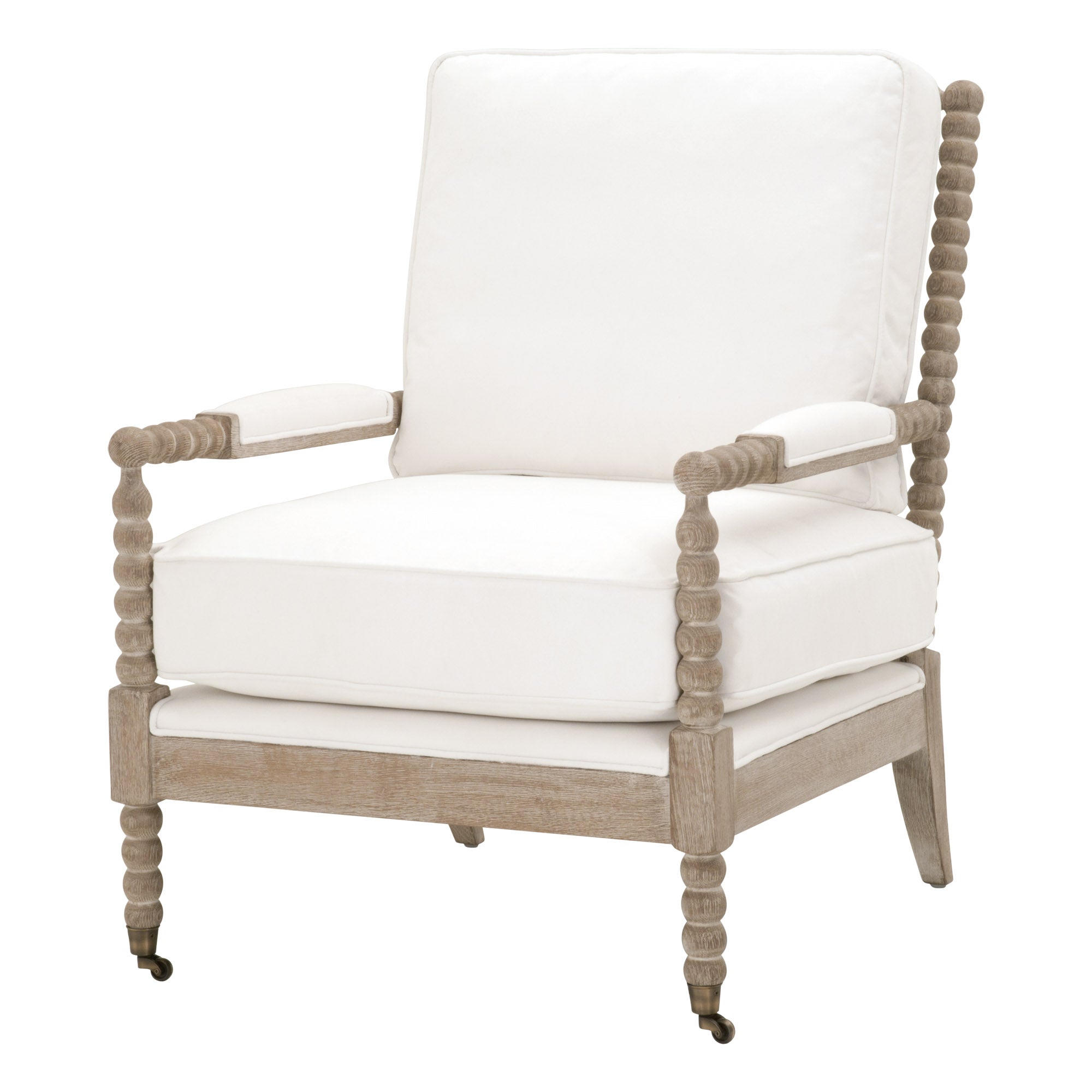Essentials For Living Rouleau Club Chair with carved gray oak frame and white upholstered cushions in LiveSmart fabric
