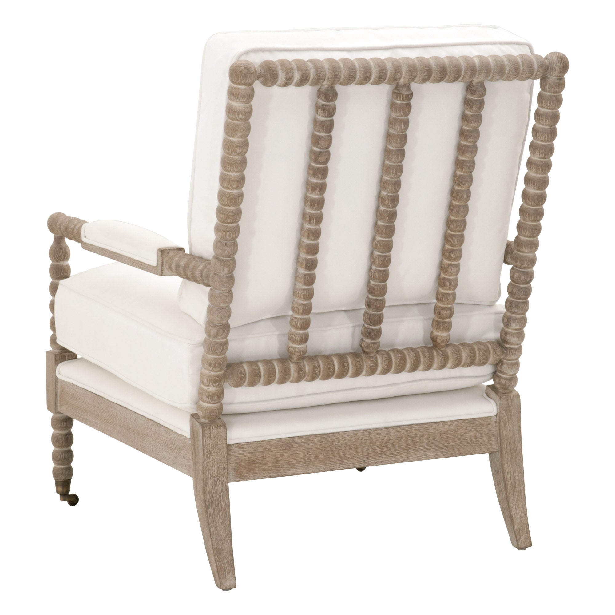 Essentials for Living Rouleau Club Chair in natural gray oak with white performance fabric and hand-carved spool detailing.