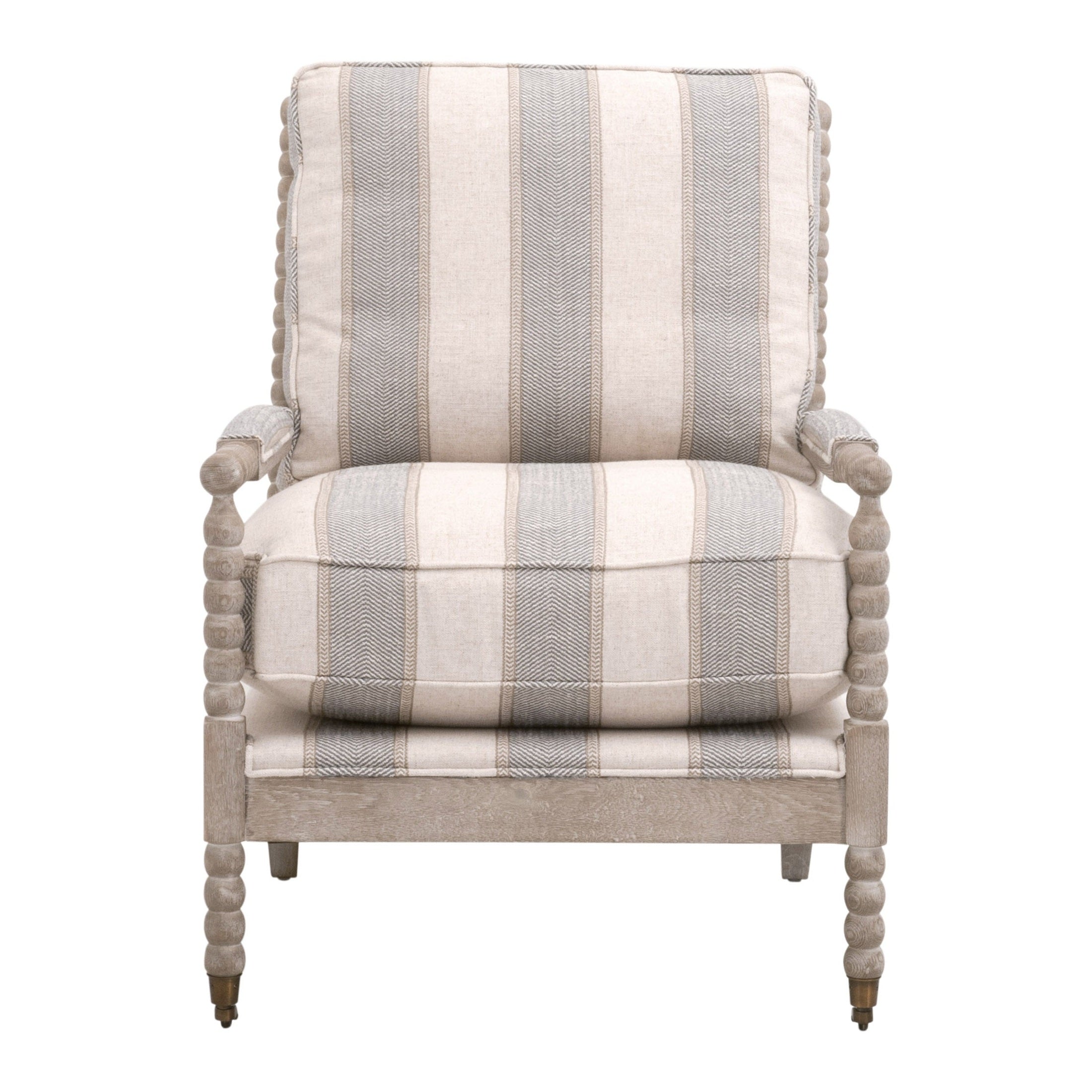 Essentials for Living Rouleau Club Chair with carved spool oak frame and striped beige fabric upholstery.