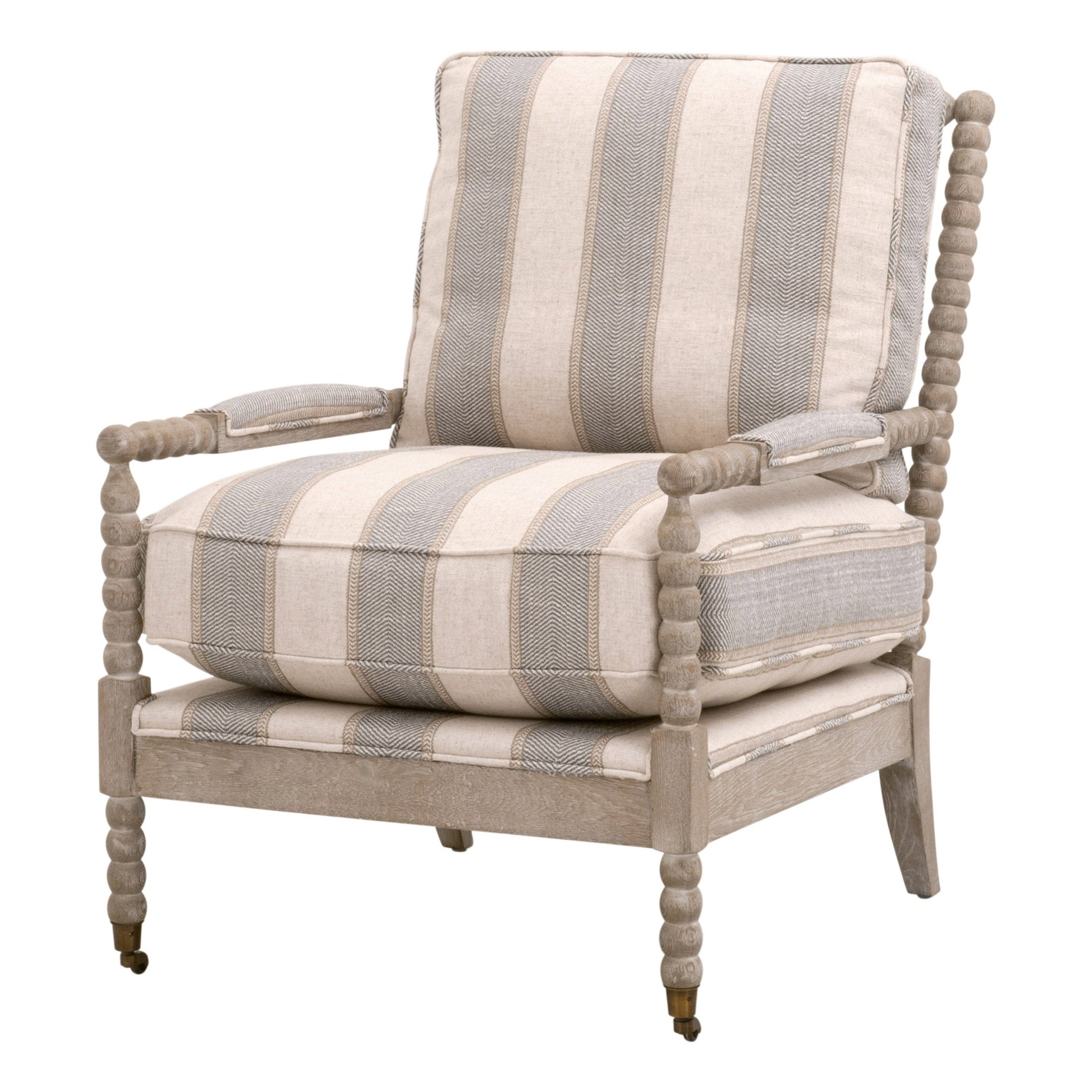 Essentials For Living Rouleau Club Chair with carved spool wood frame and striped upholstered cushions in neutral tones