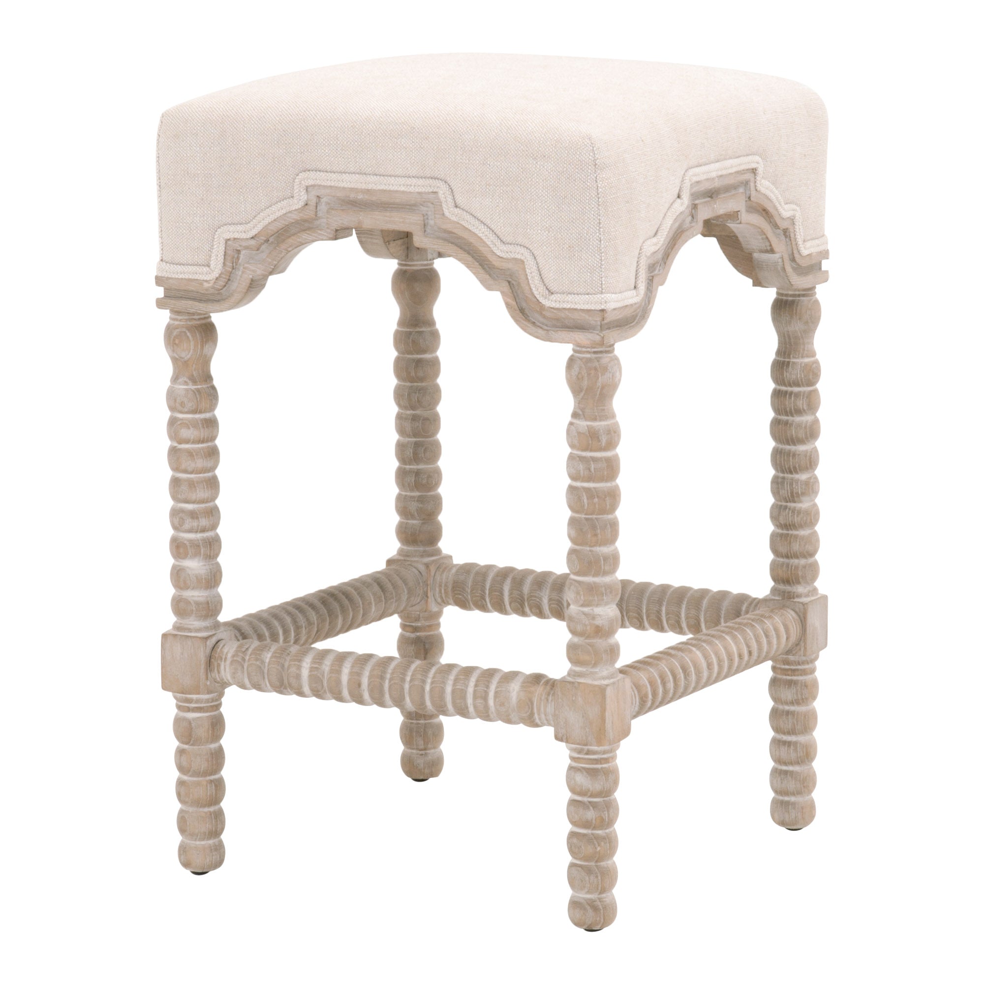 Rue Counter Stool with bisque linen upholstery and natural gray ash wood bobbin-turned legs by Essentials For Living