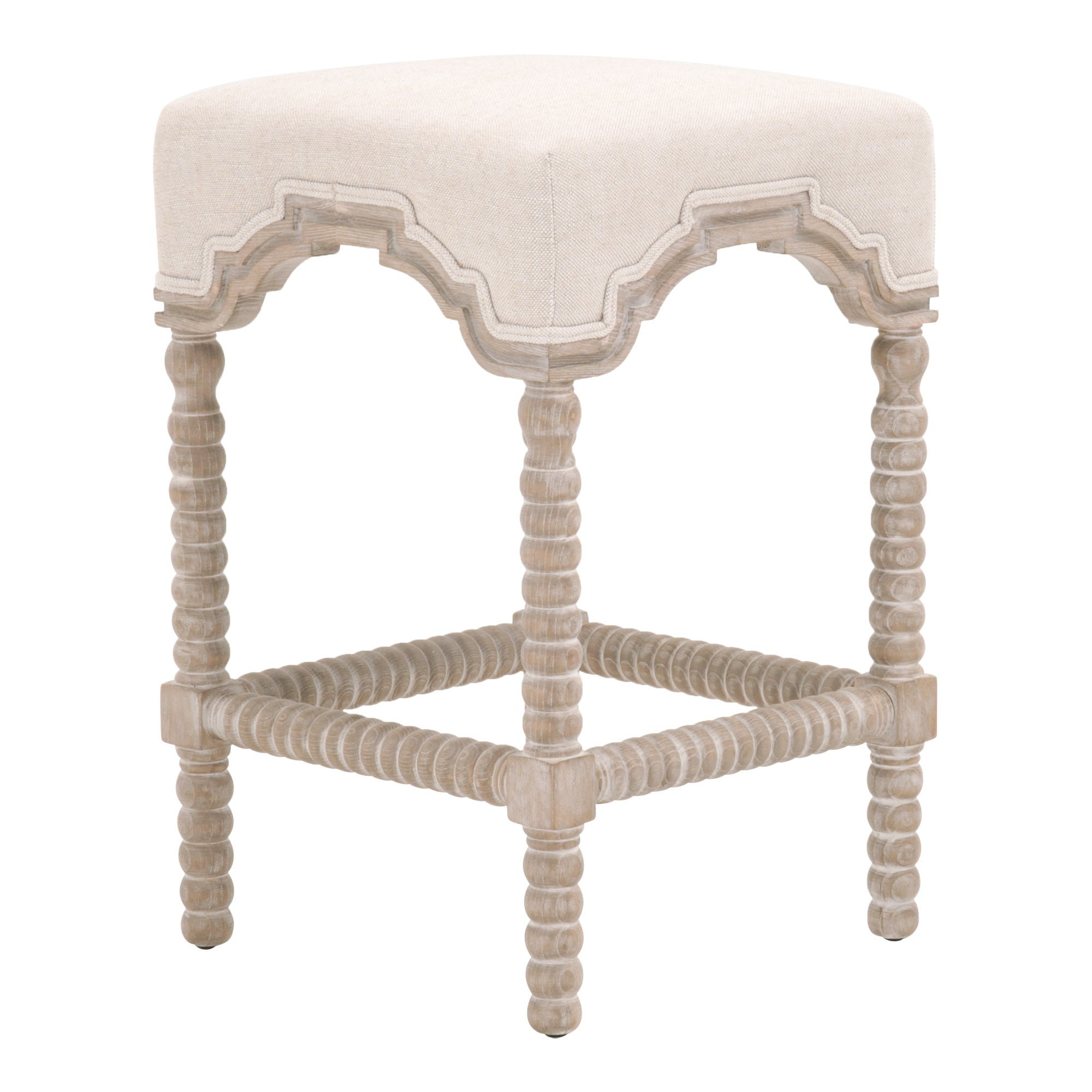Essentials For Living Rue Counter Stool with bisque linen seat and carved natural gray ash wood legs and apron