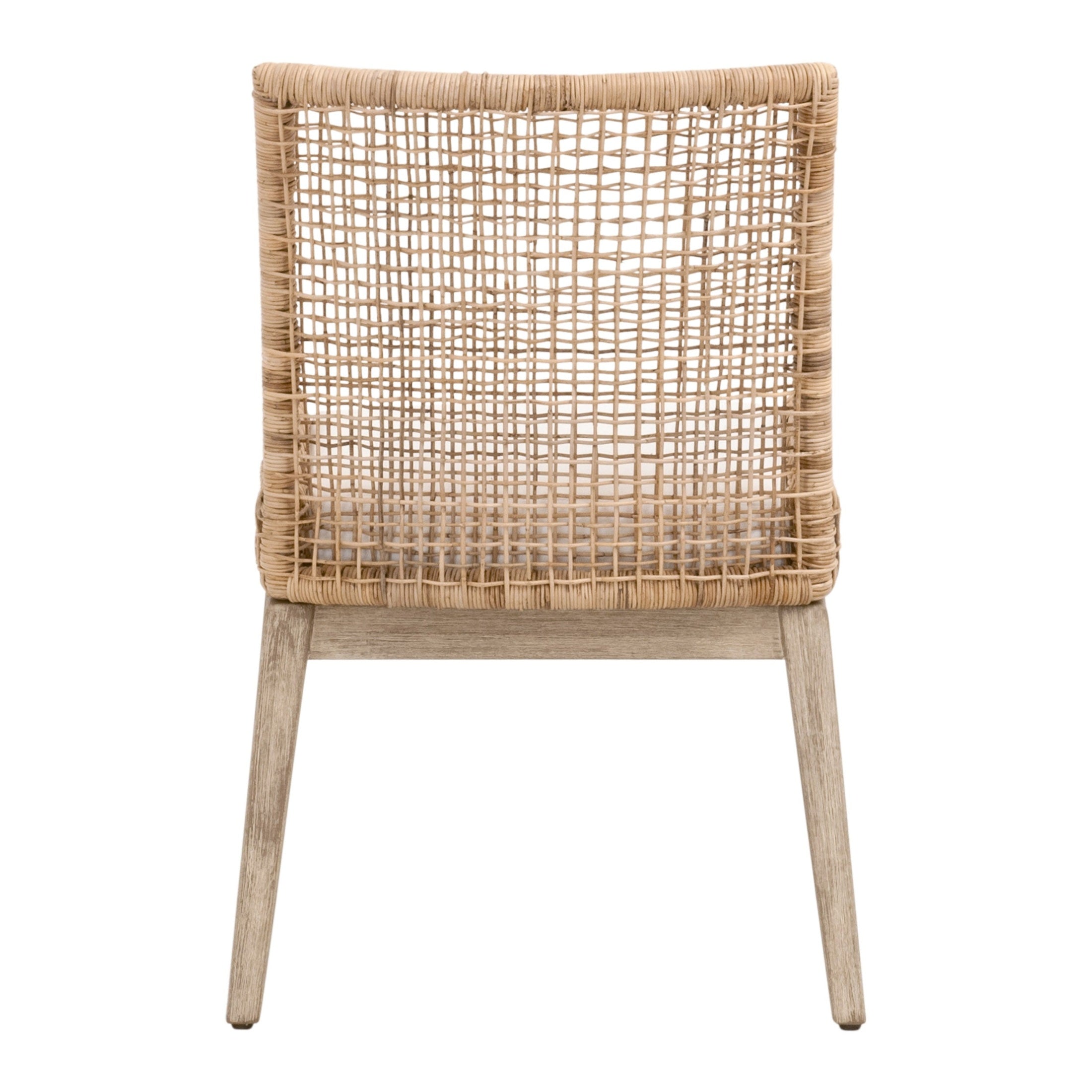 Essentials For Living Seaside Dining Chair with handwoven natural rattan back and gray mahogany frame viewed from back