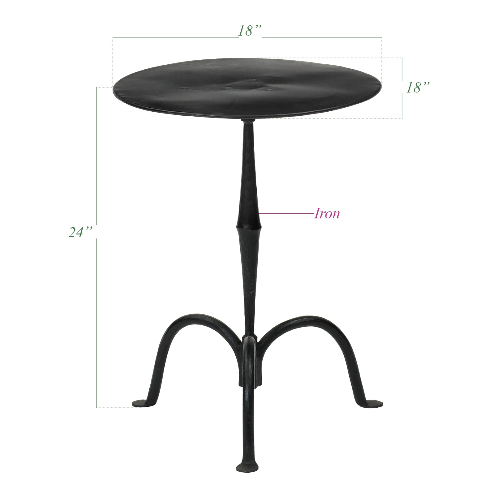 Seattle Table black powder-coated iron side table with flared tripod base 18x18x24 inches GO HOME