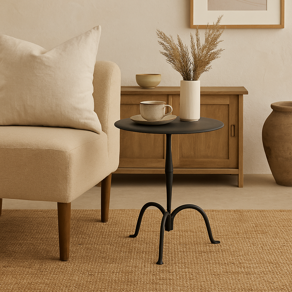 Seattle Table in black powder-coated iron with flared tripod base next to beige sofa in neutral room setting, GO HOME.